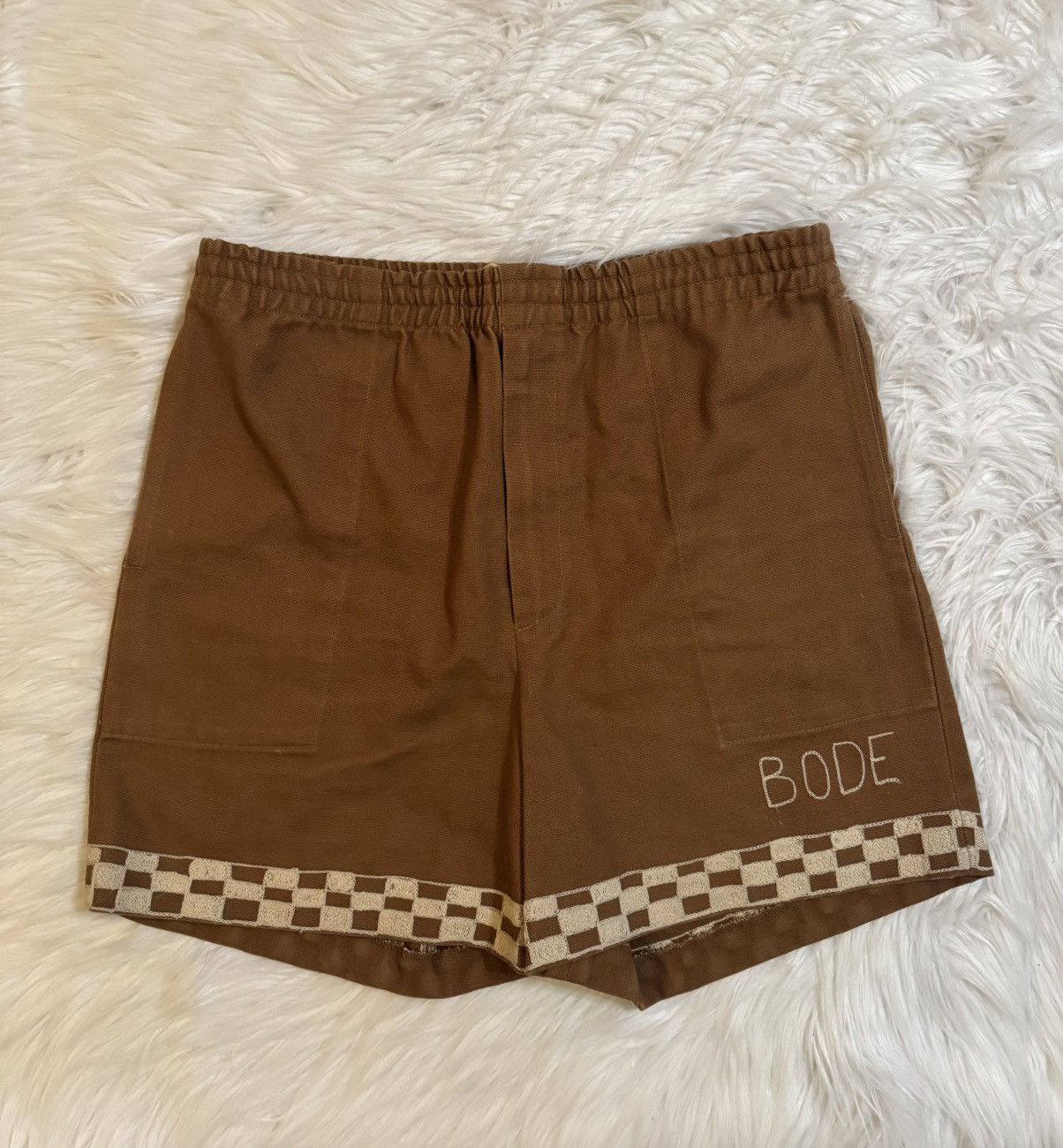 Bode Bode Checkerboard Logo Rugby Shorts Brown Size US 34 / EU 50 - 1 Thumbnail