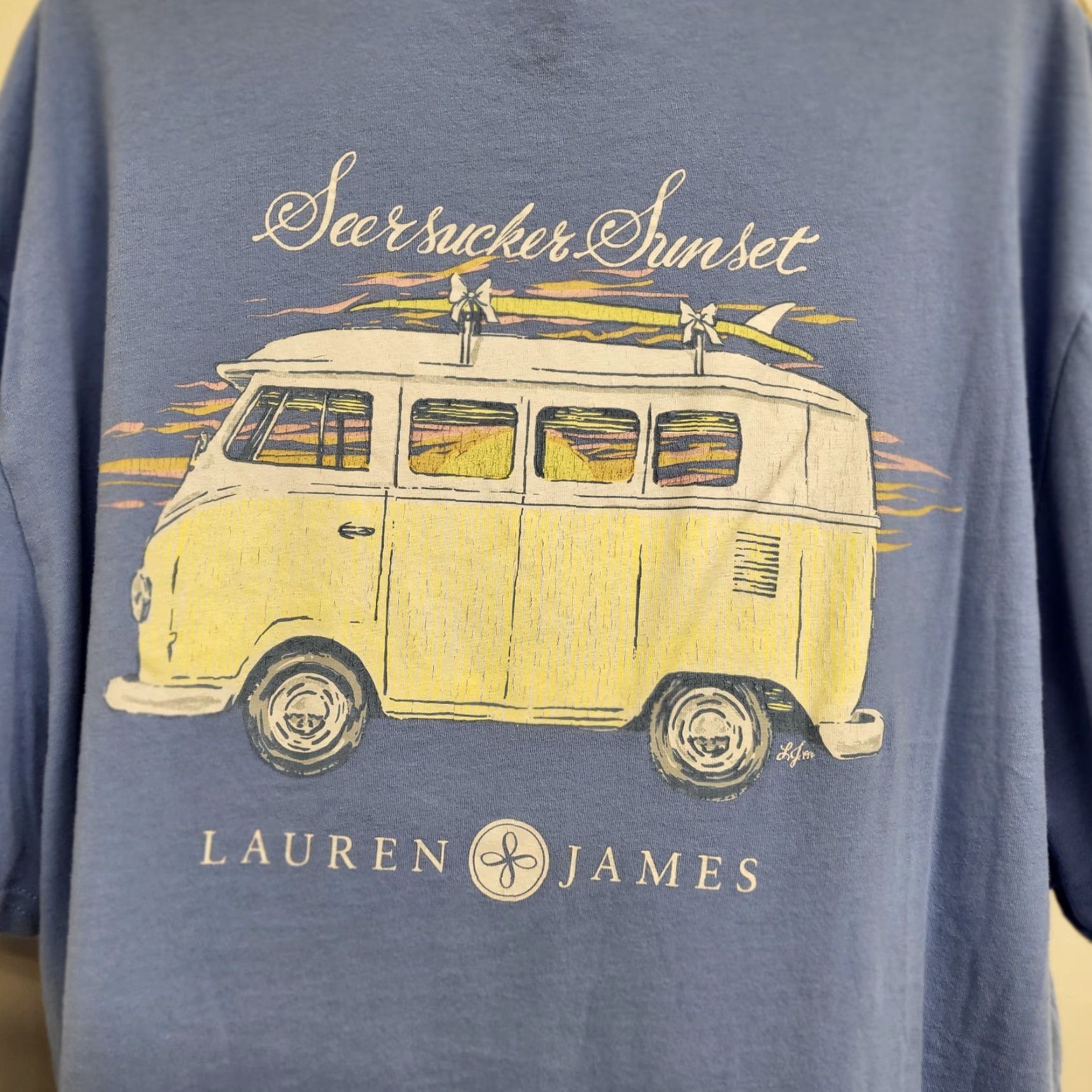 Vintage Lauren James T-Shirt Women 2XL Blue Pocket SeerSucker Sunset VW Van Surf Graphic Print Short Sleeve Crew Neck Casual Baggy? Size XXL / US 16-18 / IT 52-54 - 3 Thumbnail