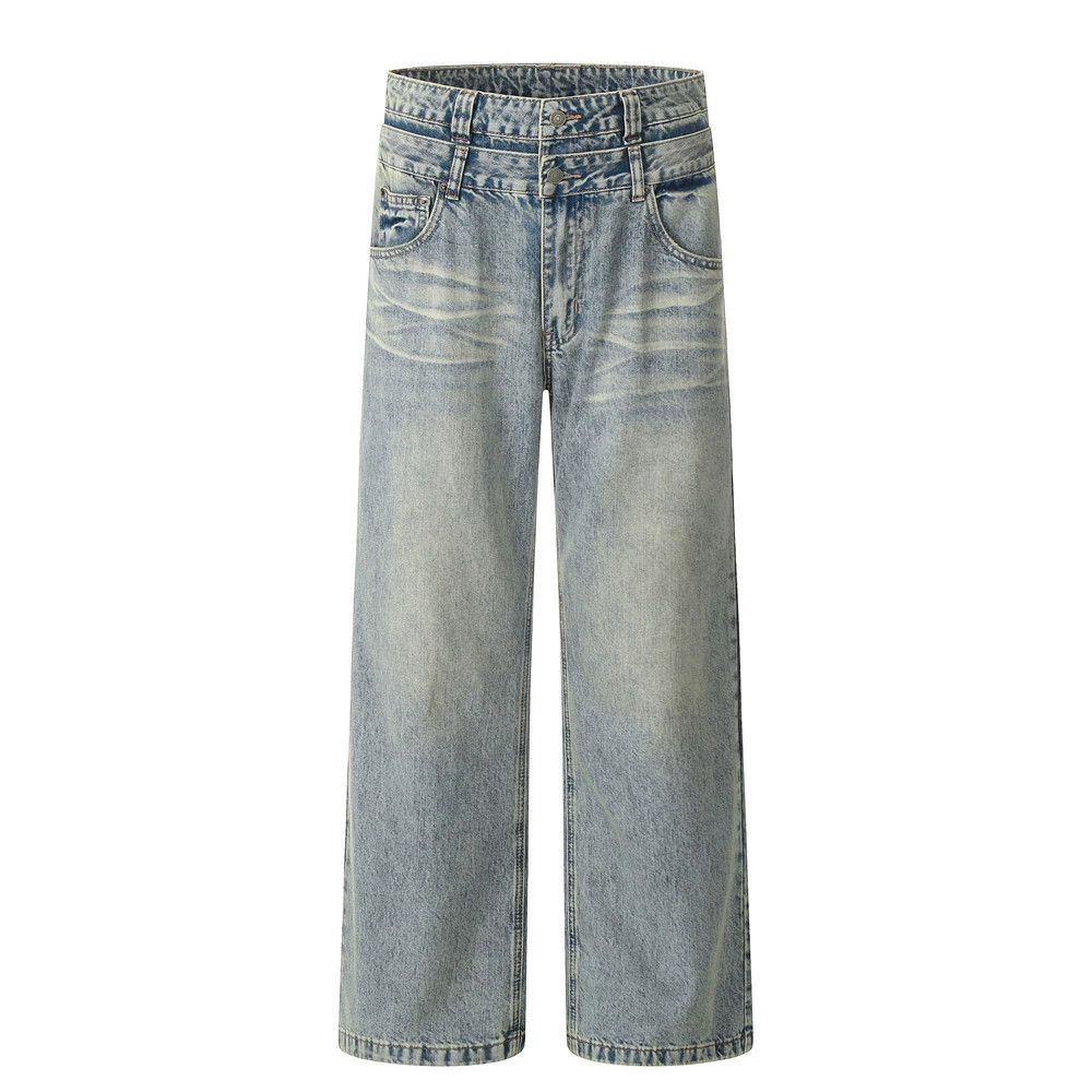 Vintage Stitching washed distressed casual double waist jeans Size US 32 / EU 48 - 1 Thumbnail