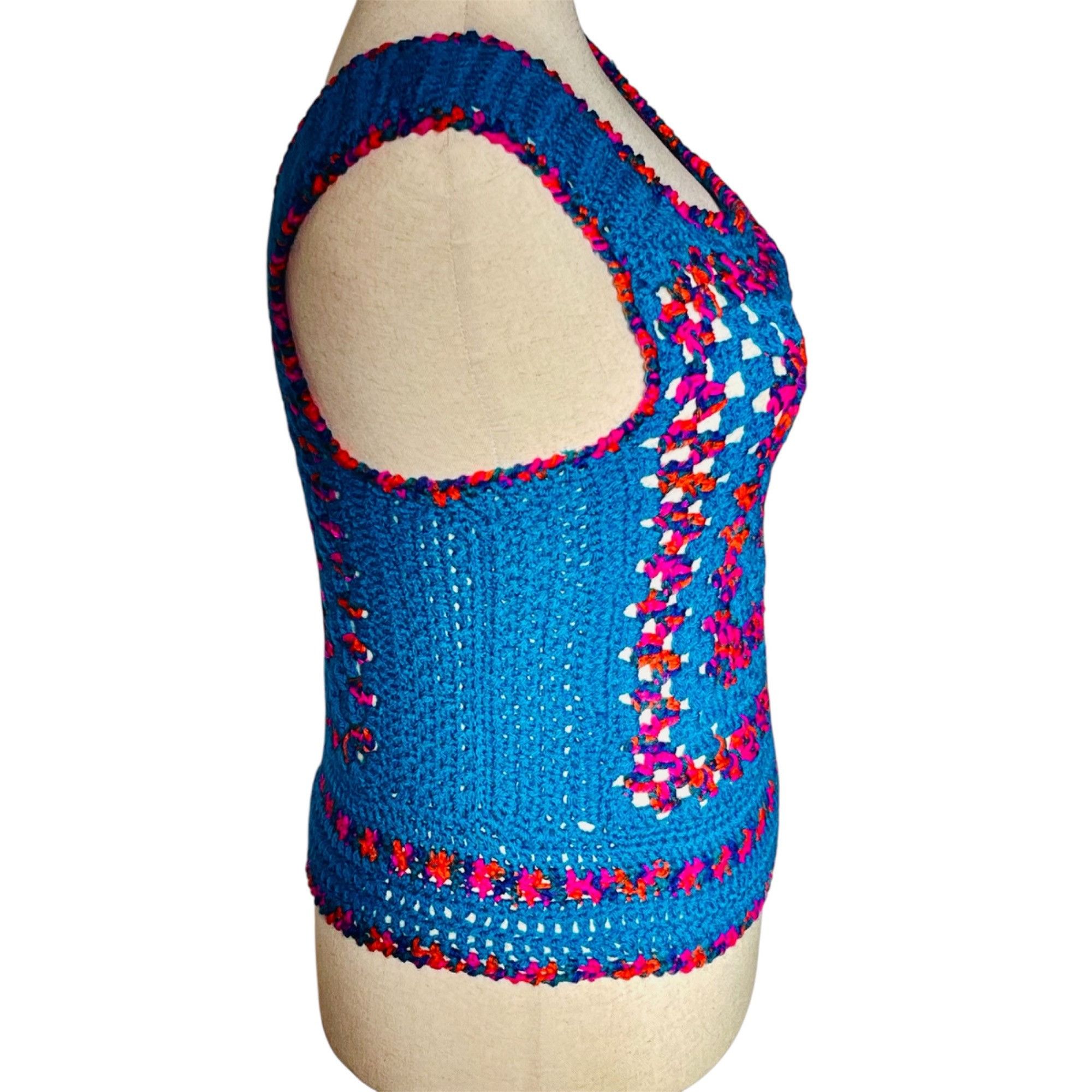 Handmade Crochet Vest Tank Top Retro 70's Hippy Granny Square Rib Tic Size XXL / US 16-18 / IT 52-54 - 3 Thumbnail
