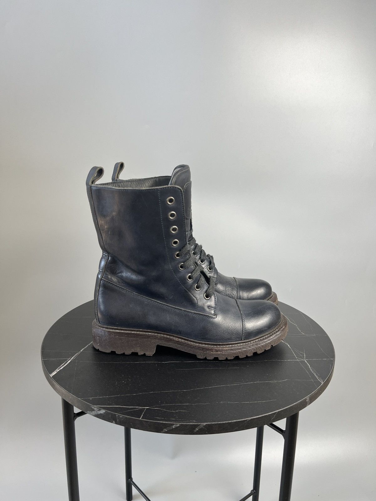 Brunello Cucinelli Brunello Cucinelli Blue Leather Combat Boots (Y0495) Size US 7 / IT 37 - 1 Thumbnail