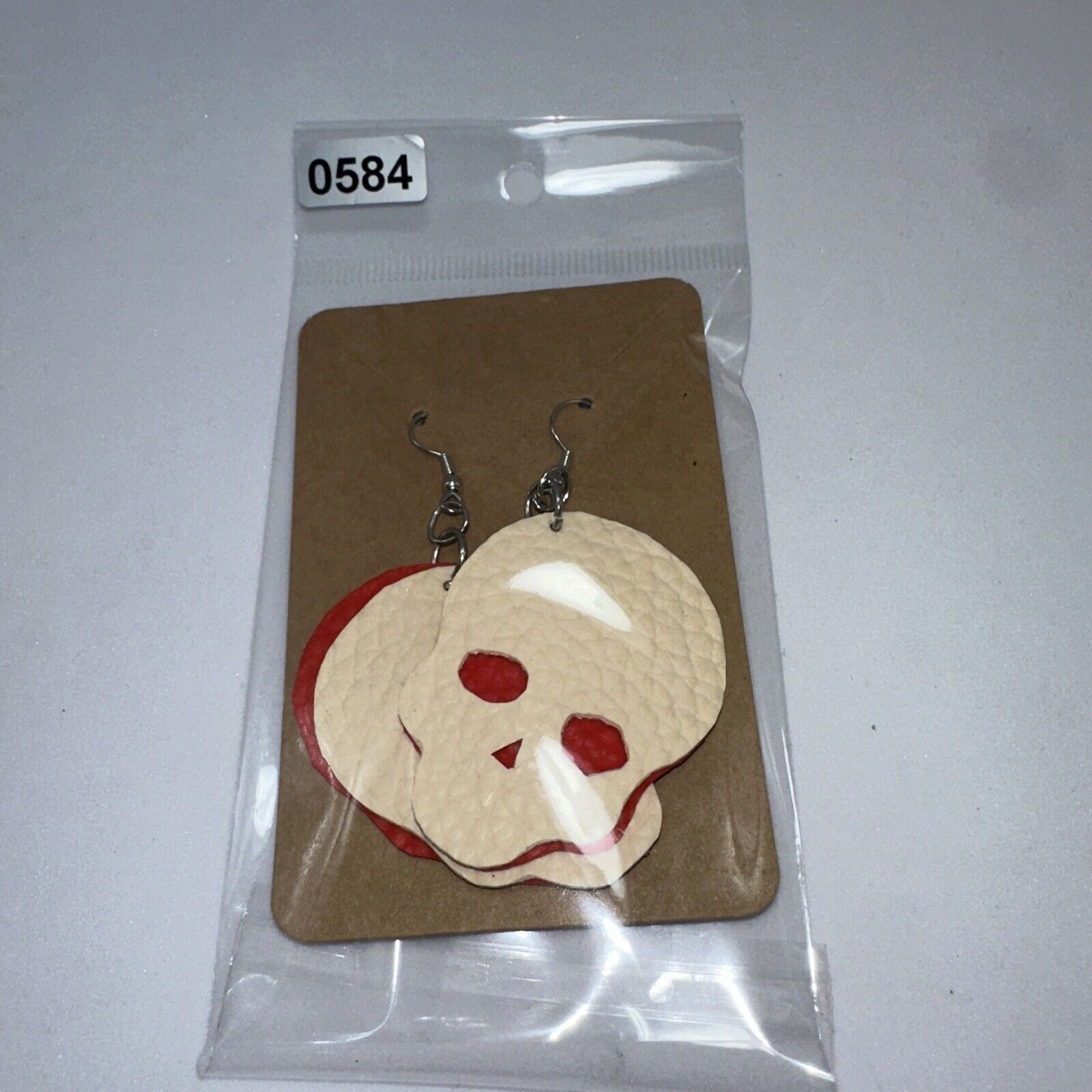 Handmade Hand-Made Halloween Skull Red White Pleather Hook Earrings Size ONE SIZE - 9 Thumbnail