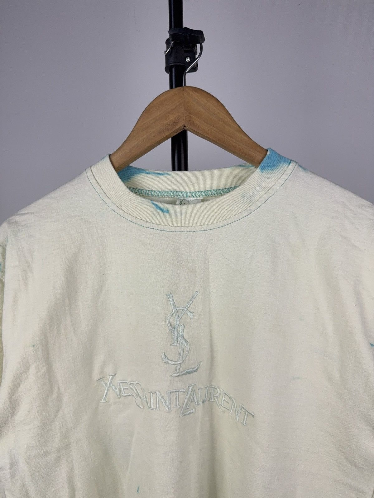 Vintage 90s Y2K Style Tee Bleach Dyed Mint Shirt YSL-Inspired Logo Size US M / EU 48-50 / 2 - 2 Thumbnail