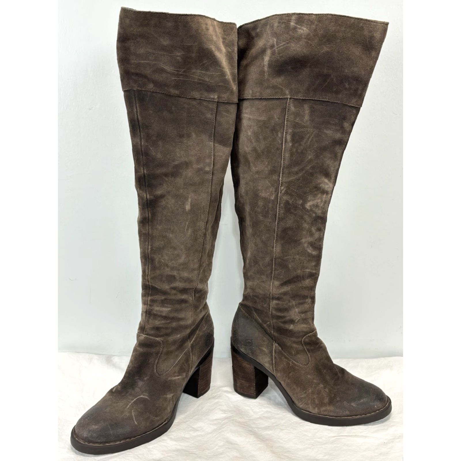 Born Børn Kathleen Tall Boots Brown Grey Suede Leather Chunky Heel Women's 9 M Pirate Size US 9 / IT 39 - 2 Thumbnail