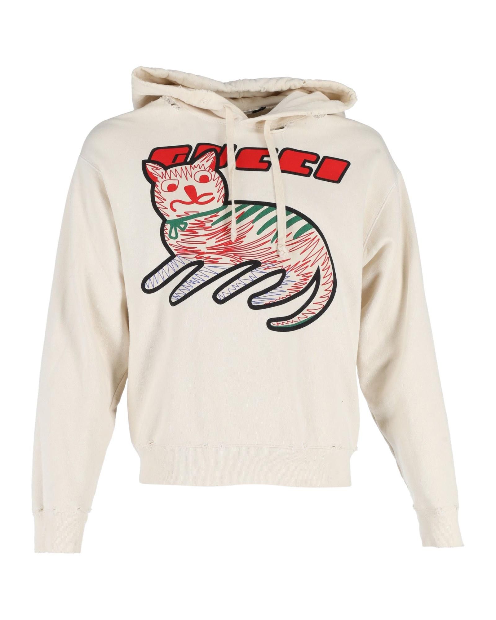 image of Gucci Playful Cat-Print Hoodie In Cream Cotton in White/Cream, Men's (Size Small)