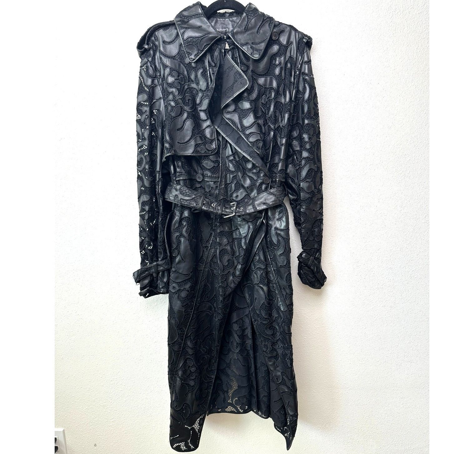 Alexander McQueen Alexander McQueen Black Leather Lace Belted Trench Coat 14 Size XL / US 12-14 / IT 48-50 - 6 Thumbnail