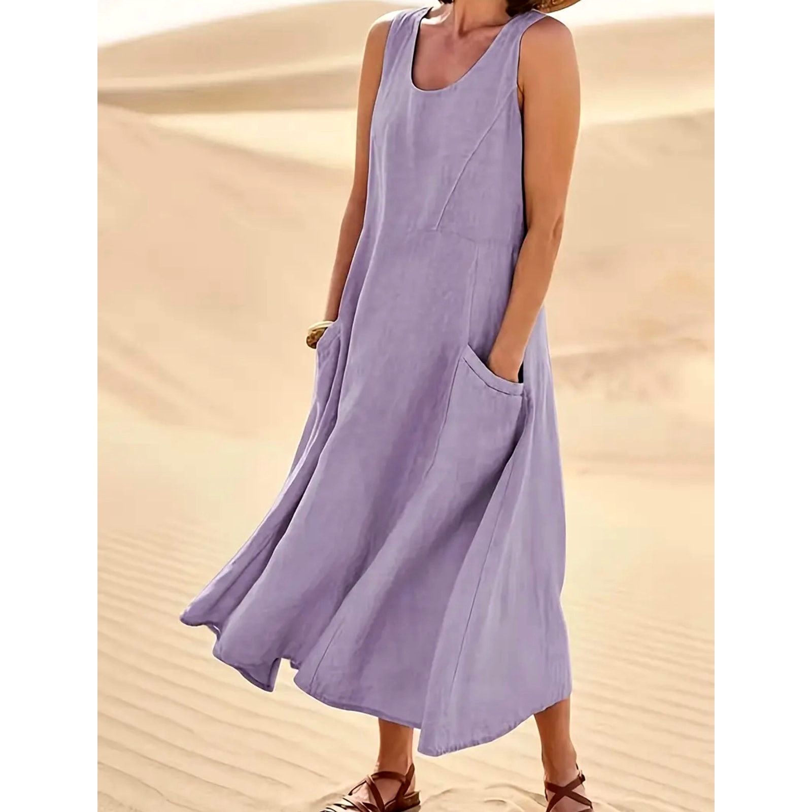 Other Sleeveless 100% Cotton Midi Dress Pockets Violet size 8/10 Size L / US 10 / IT 46 - 2 Thumbnail