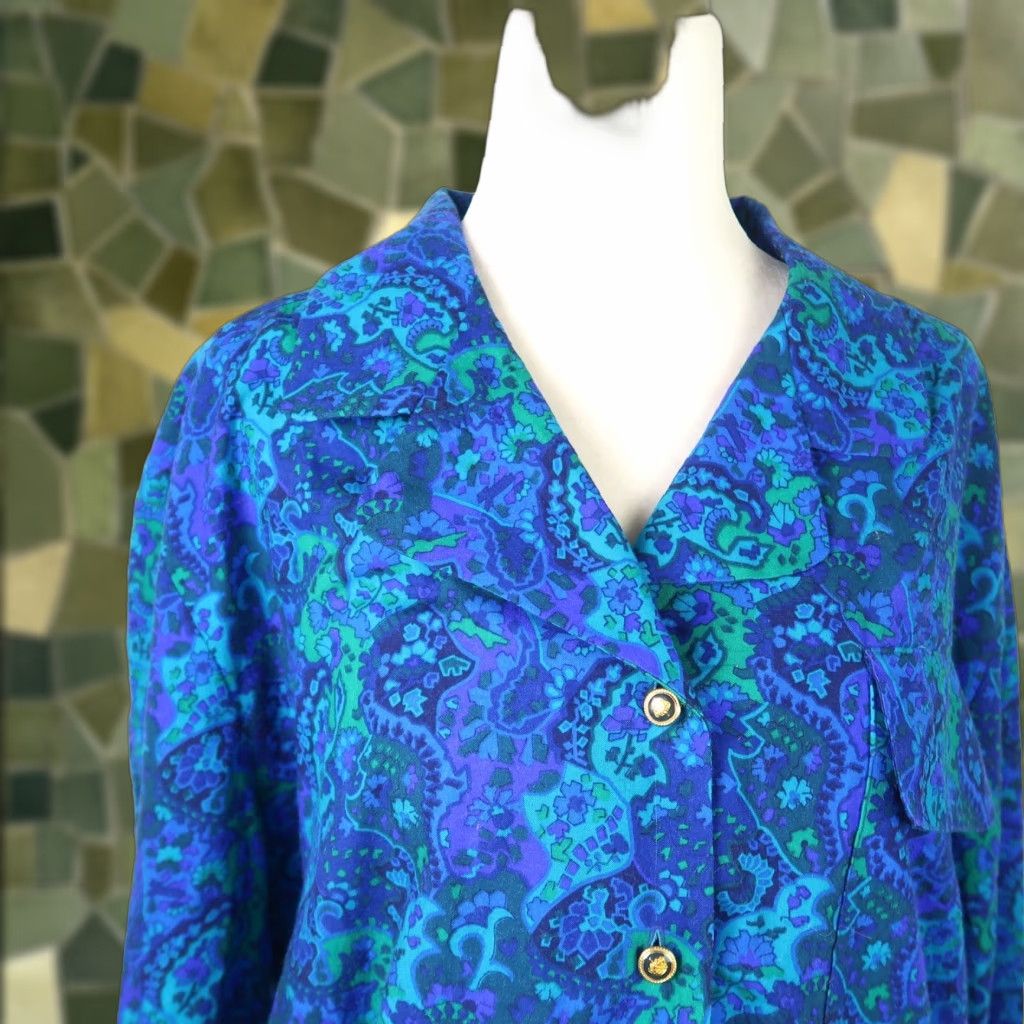 Vintage VINTAGE Shrader cobalt blue and turquoise paisley print blouse 16 Size XXL / US 16-18 / IT 52-54 - 1 Thumbnail