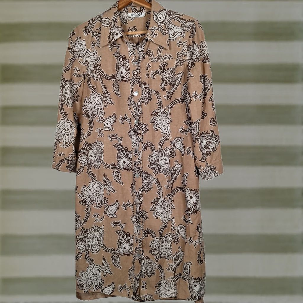 Kasper Kasper Shirt Dress Size 8 Button Front Collared 3/4 Sleeve Brown Floral Paisley Linen Rayon Knee Length Women Dress Size M / US 6-8 / IT 42-44 - 1 Thumbnail