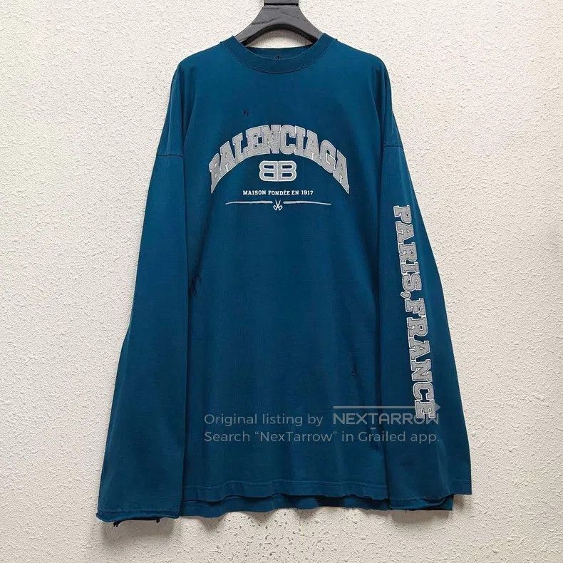 Balenciaga Double B Destroyed Logo Ripped Aged Long Sleeve