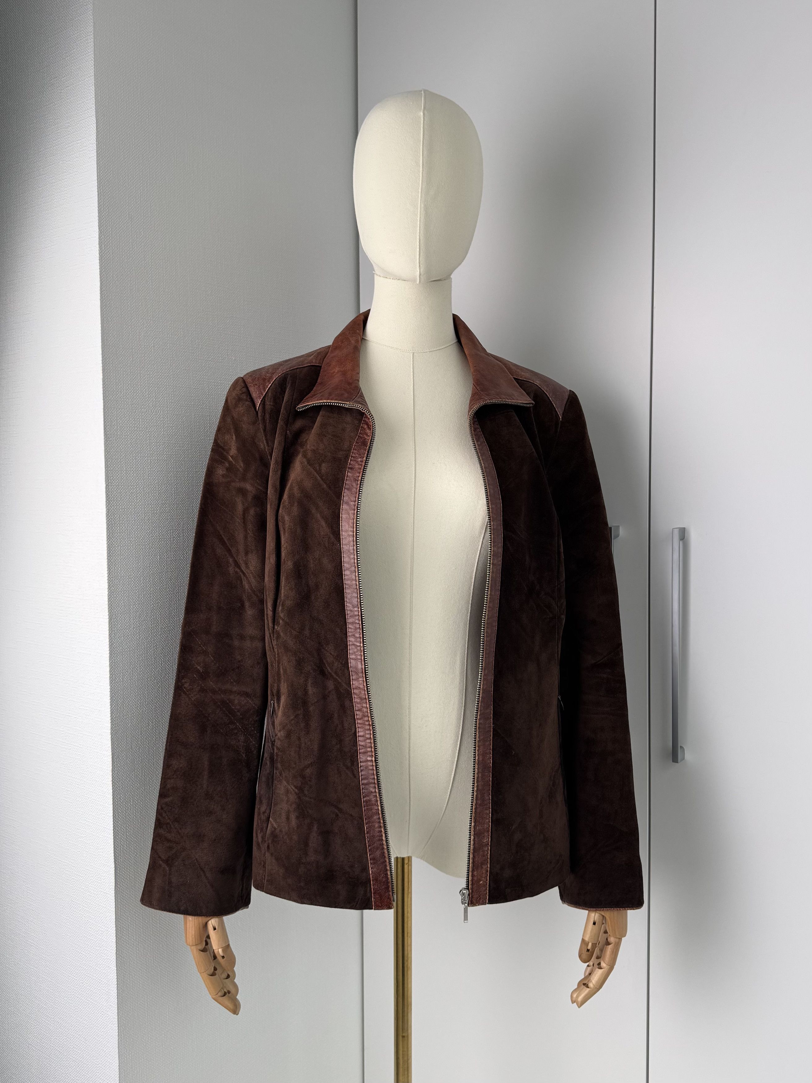 Vintage Women Brown Leather Jacket Y2K Vintage Zip Up Fitted Size L / US 10 / IT 46 - 3 Thumbnail