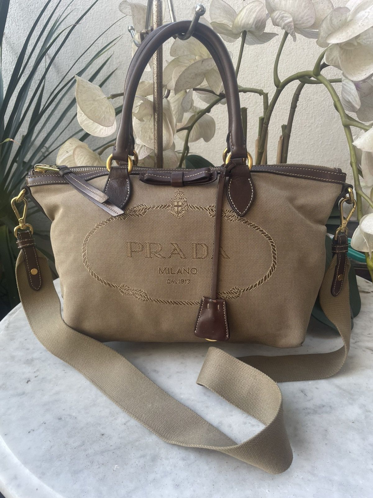 Prada Logo Jacquard Canvas and Leather Handbag