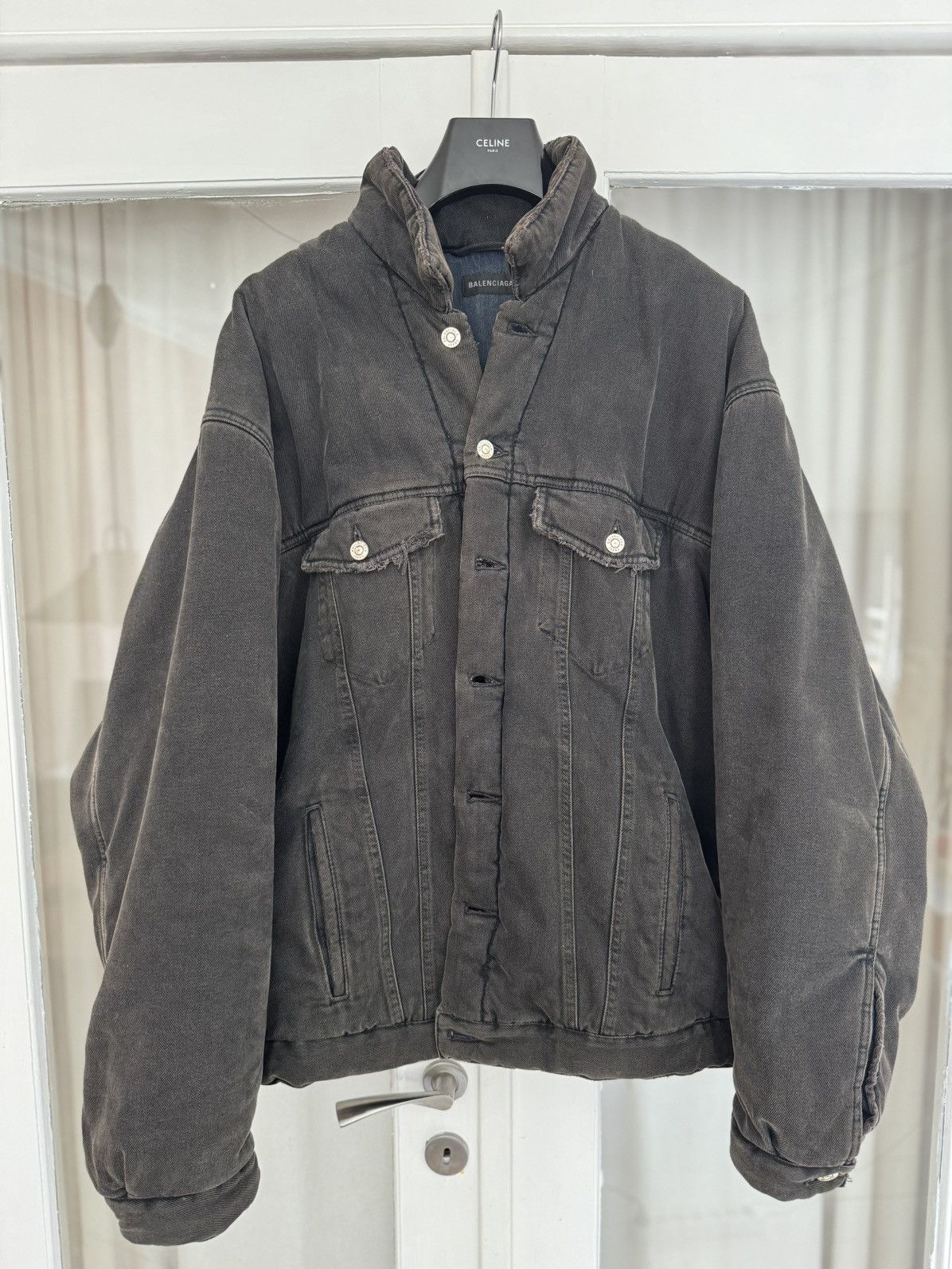 image of Balenciaga Grail Oversized Denim Puffer in Washed Black, Men's (Size Small)