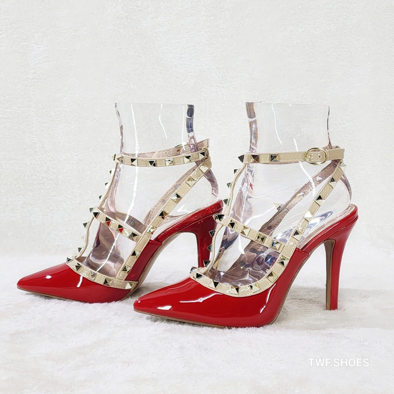 Other Caged Bright Red Studded Strappy Stiletto High Heel Shoes (C Size US 8.5 / IT 38.5 - 5 Thumbnail