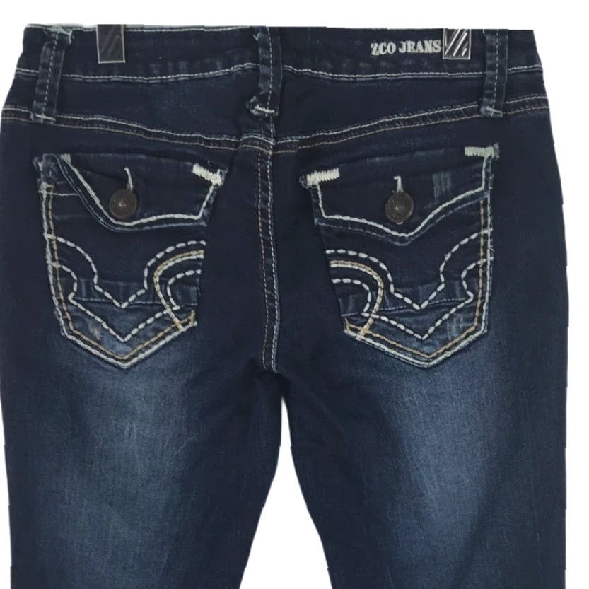 Vintage Womens Zco Boot Cut Jeans Blue Dark Wash Stretch Distressed Whiskered Juniors 5 Jeans Distressed Womens Size 27" / US 4 / IT 40 - 3 Thumbnail