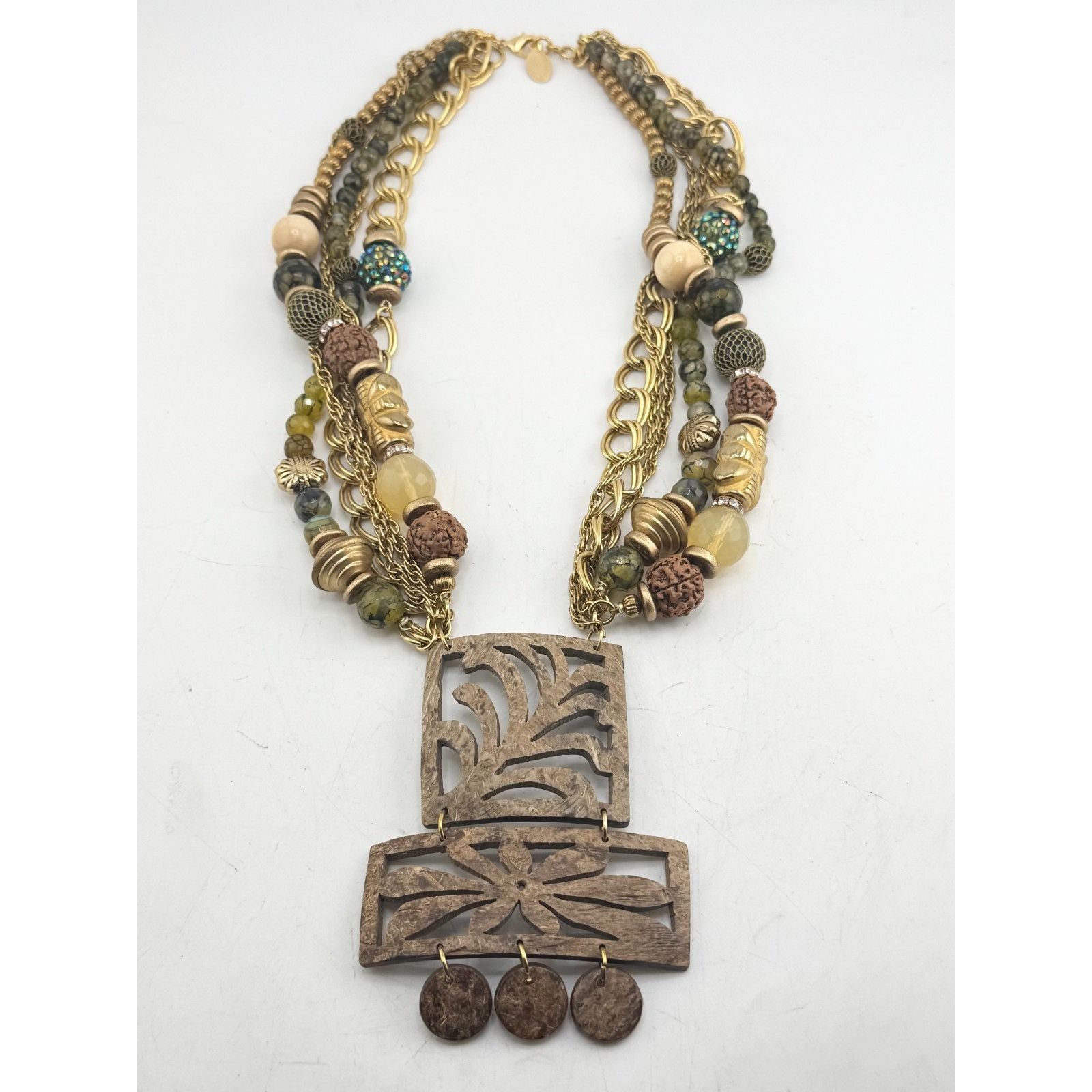 Vintage multi strand green glass beaded bamboo wood pendant