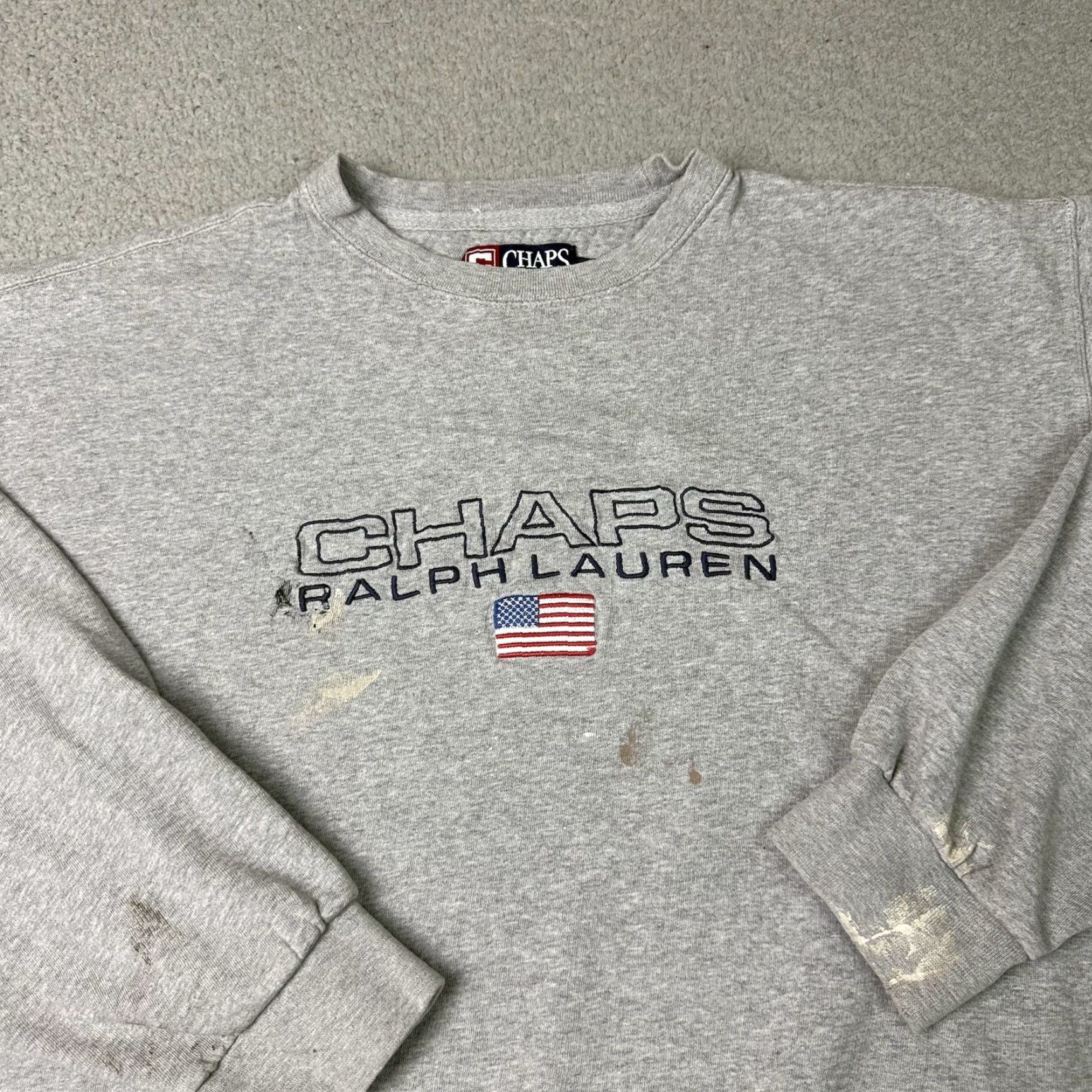 Ralph Lauren VINTAGE Chaps Ralph Lauren Sweatshirt Sweater Mens L Gray USA Flag Distressed 90s Y2k 90s Classic Preppy Mens Size US L / EU 52-54 / 3 - 3 Thumbnail