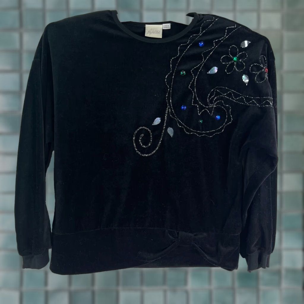 Velour VINTAGE Pykettes Velvet Geometric Jewel 3/4 Sleeve Round Neck Sweater Top Womens S Black Size S / US 4 / IT 40 - 1 Thumbnail