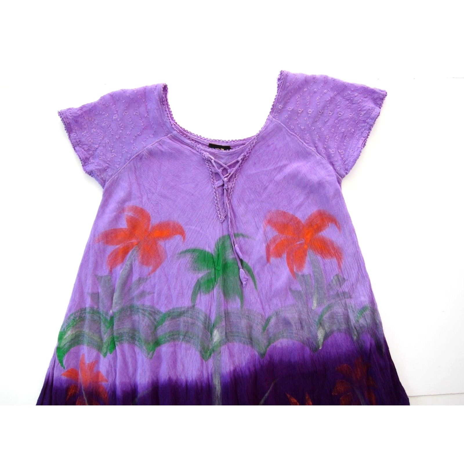 Vintage Vintage SB Fashion Tunic Dress M-L Short Sleeve 100% Rayon Purple Green Orange Floral Dress Midi Women's SB Fashions Size 32" / US 10 / IT 46 - 4 Thumbnail