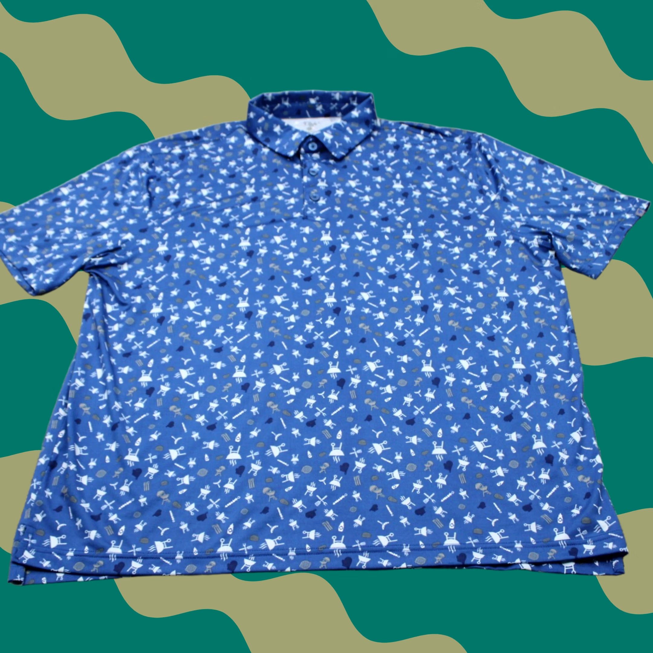 Vintage 1764 Polo Shirt Mens XL Blue Geometric All Over Print Stretch S/S Golf Polo Size US XL / EU 56 / 4 - 1 Thumbnail