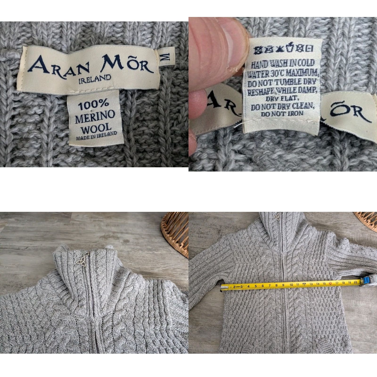 Vintage Aran Mor Sweater Cardigan Women Gray Merino Wool Cable Knit Full Zip Mock Neck Medium Size M / US 6-8 / IT 42-44 - 8 Thumbnail