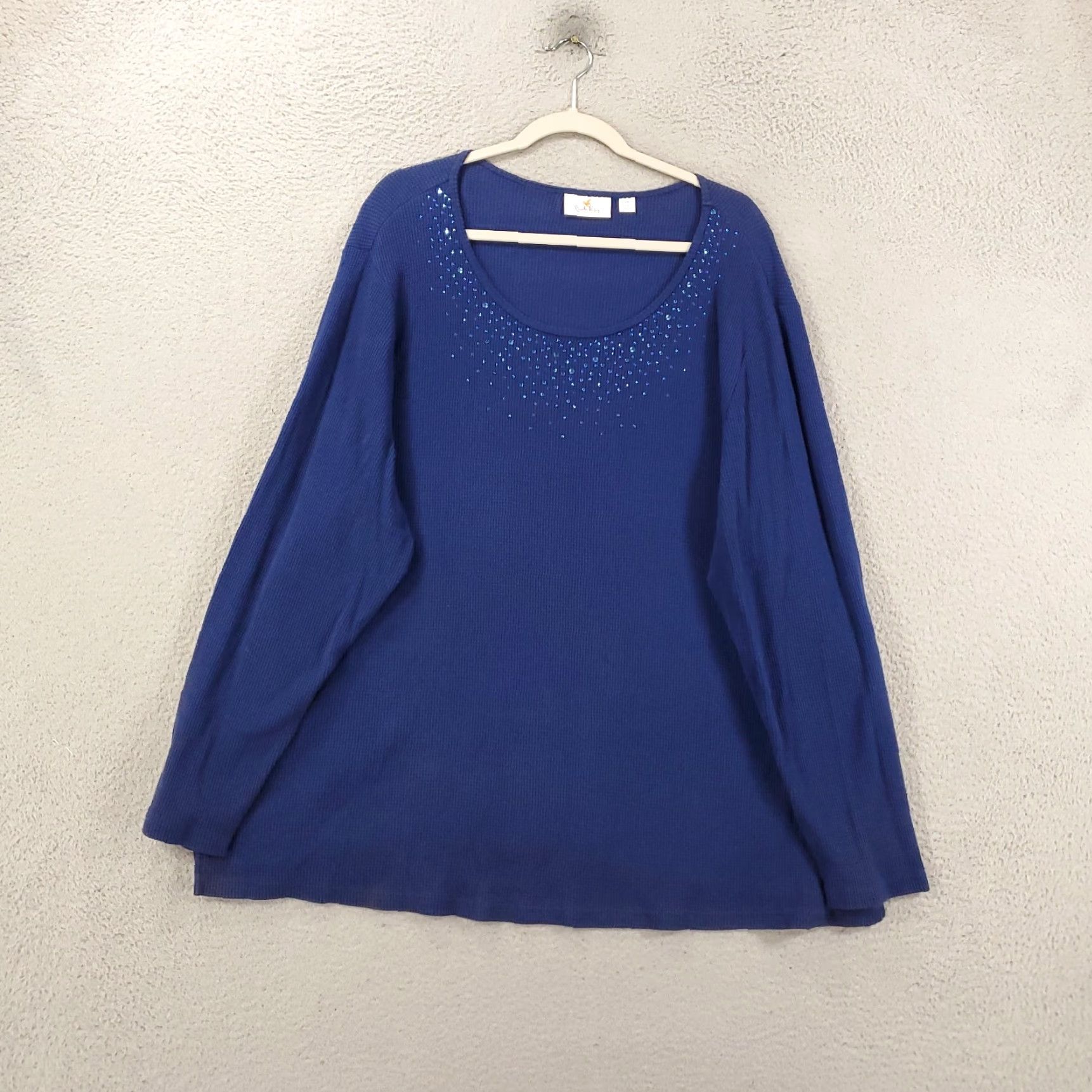 Quacker Factory VINTAGE Quacker Factory Blouse Womens 2X Blue Rhinestone Waffle Knit Long Sleeve Pullover Classic Size XXL / US 16-18 / IT 52-54 - 2 Thumbnail