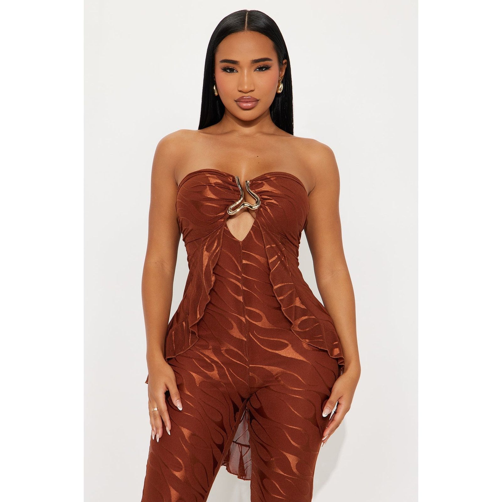 Other Weekend Glow Mesh Strapless Jumpsuit - Rust - Size S Size 22" - 2 Thumbnail