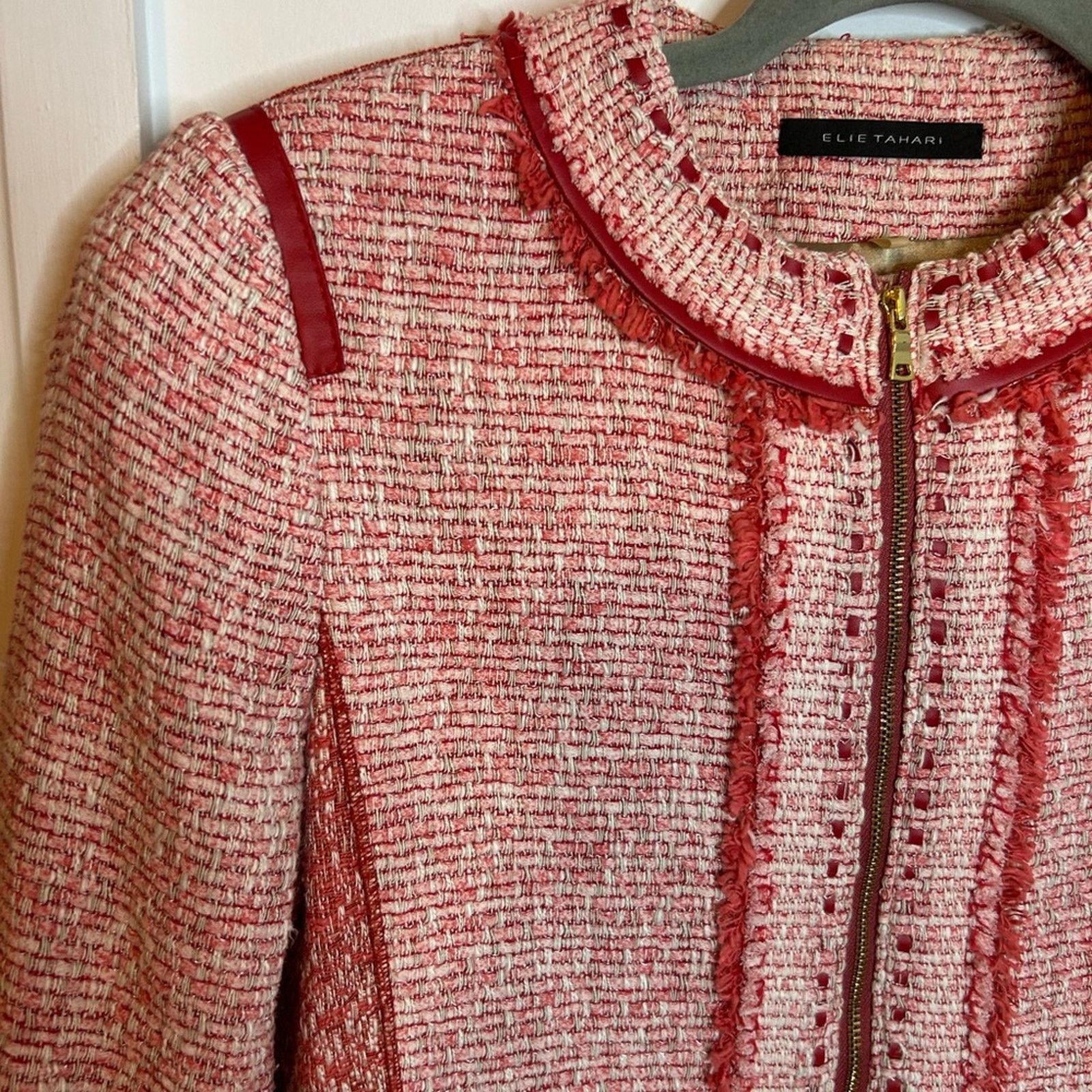 Elie Tahari Tahari Red Tweed Zip Front Jacket Size XS / US 0-2 / IT 36-38 - 5 Thumbnail