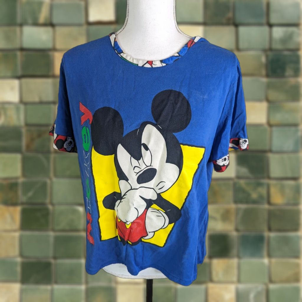 Mickey Unlimited VINTAGE Mickey Mouse Cropped T Shirt USA 90s Women's Size L Crew Neck Short Sleeve Graphic Print Blue Size L / US 10 / IT 46 - 1 Thumbnail