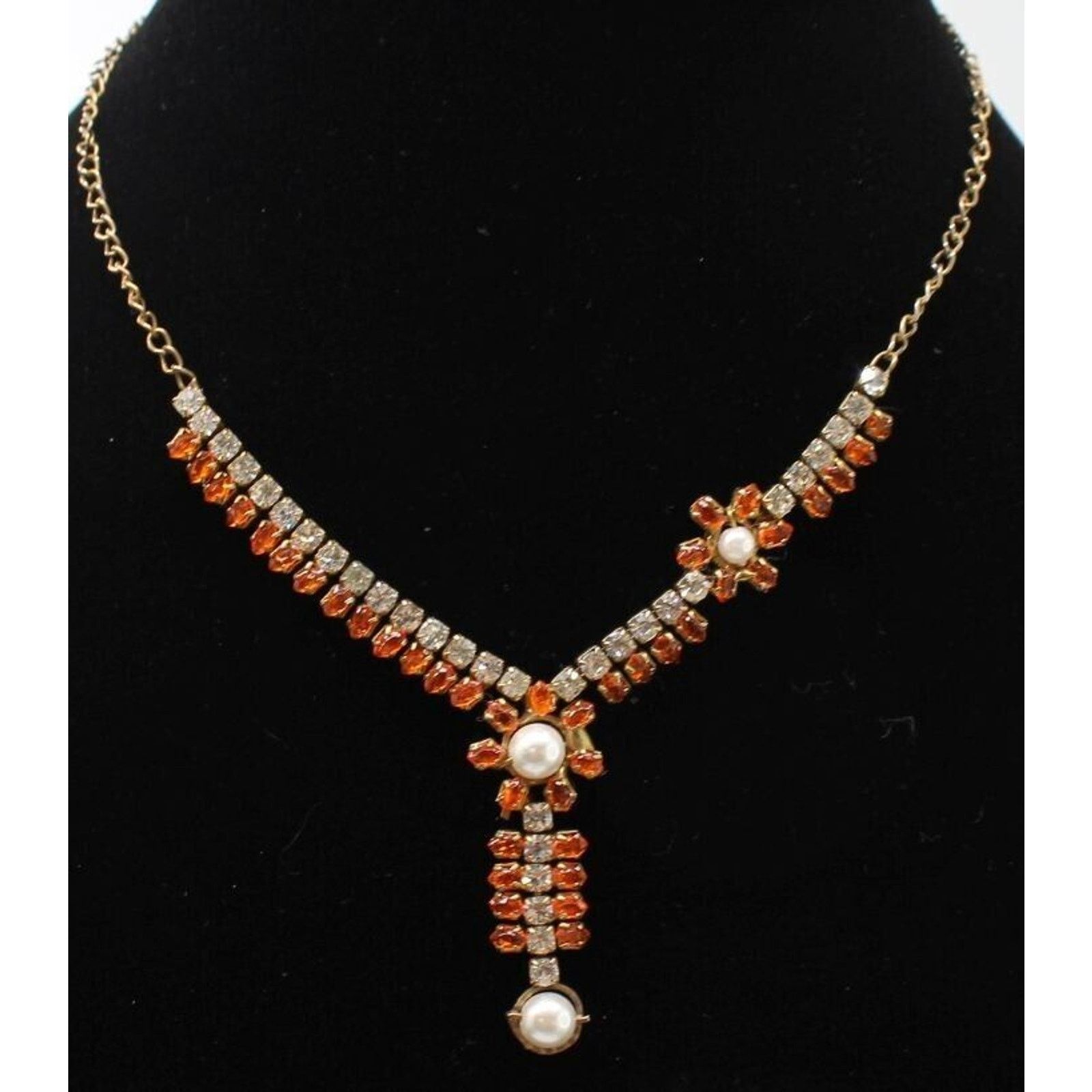 Other Vintage Orange Rhinestone Choker Necklace•Flowers Faux Pearl Size ONE SIZE - 1 Thumbnail