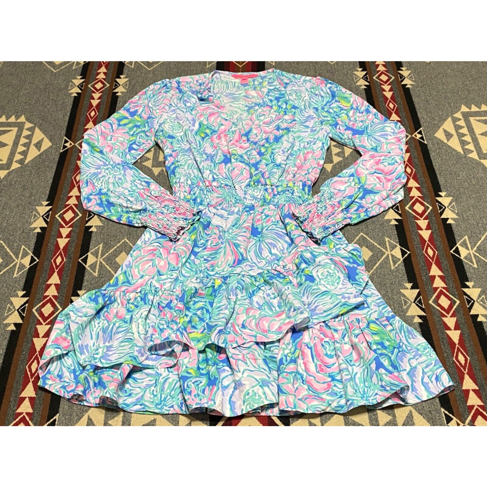 image of Lilly Pulitzer 00 Full Bloom Cristiana Stretch Dress Lileeze Smocked Waist Br in White, Women's (Si