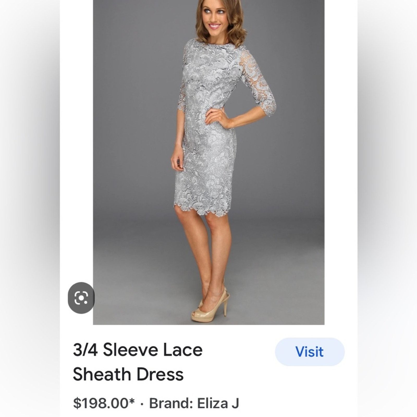 Vintage Eliza J. gray silver lace overlay 3/4 sleeves cocktail dress Size S / US 4 / IT 40 - 2 Thumbnail