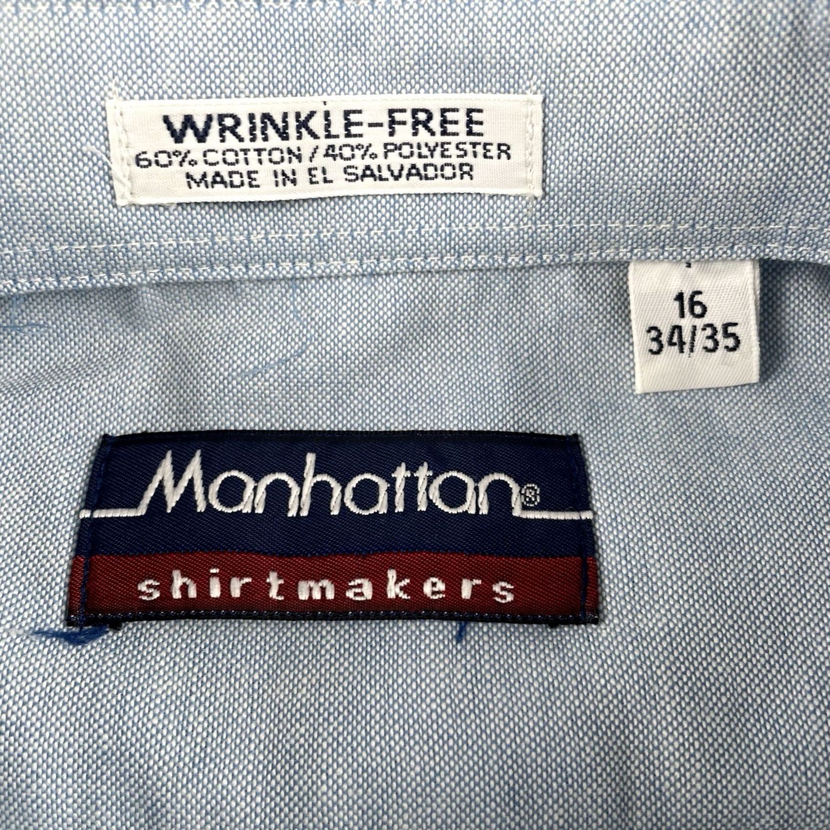 Vintage VINTAGE Manhattan Shirt Makers Button-Up Long Sleeve Mens Size L/XL Blue - 60/40 Cotton-Polyester Wrangler Free Wrinkle)/ Size US L / EU 52-54 / 3 - 4 Thumbnail