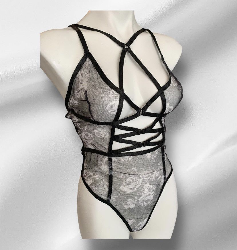 Designer NWT Grey & Black Floral Mesh Bodysuit Sheer Thong S/M Size M / US 6-8 / IT 42-44 - 2 Thumbnail