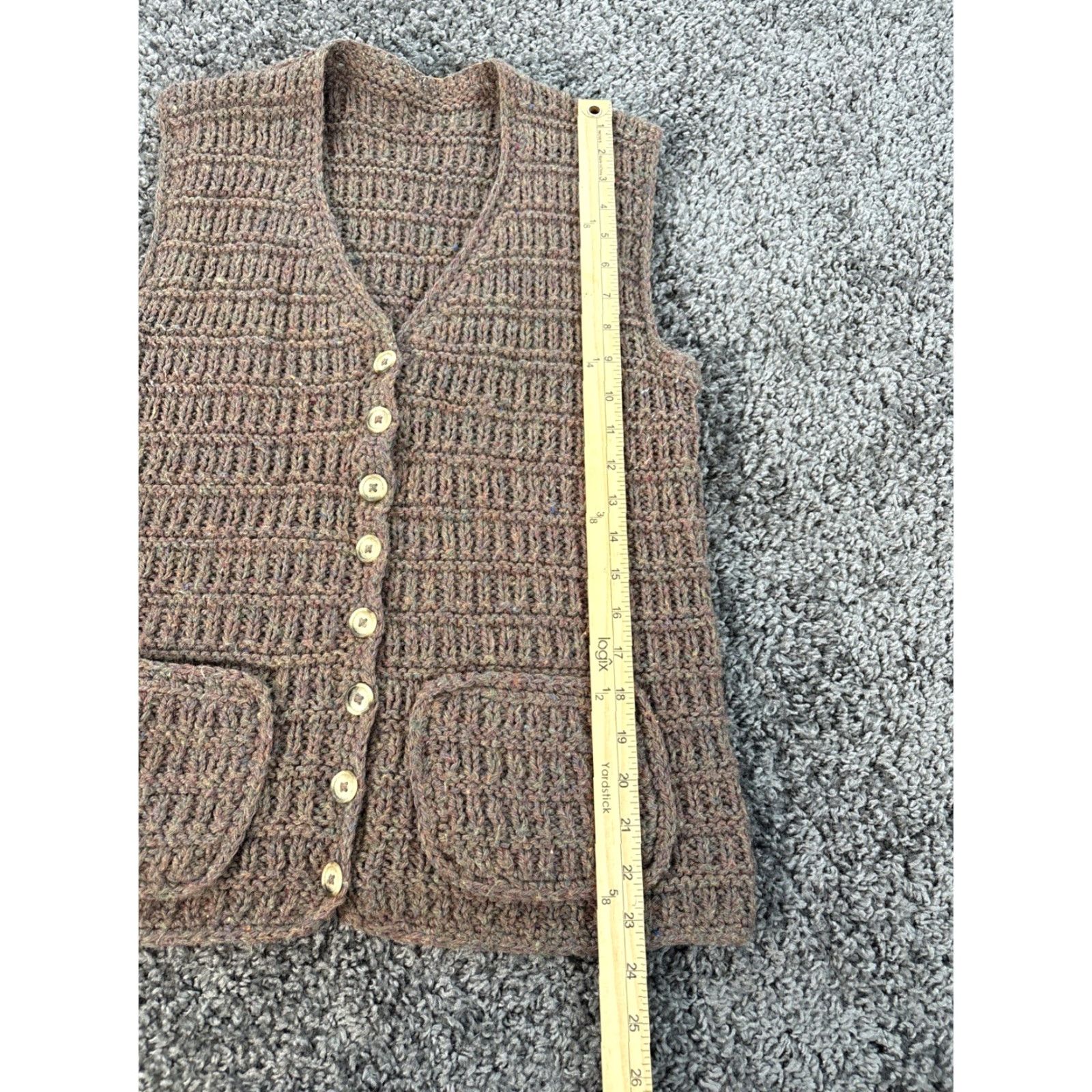 Vintage VINTAGE Cardigan Vest Women Large Brown Crochet Chunky Pocket 90s Wool V-Neck Sleeveless L Handmade Mens? Women? Size L / US 10 / IT 46 - 2 Thumbnail