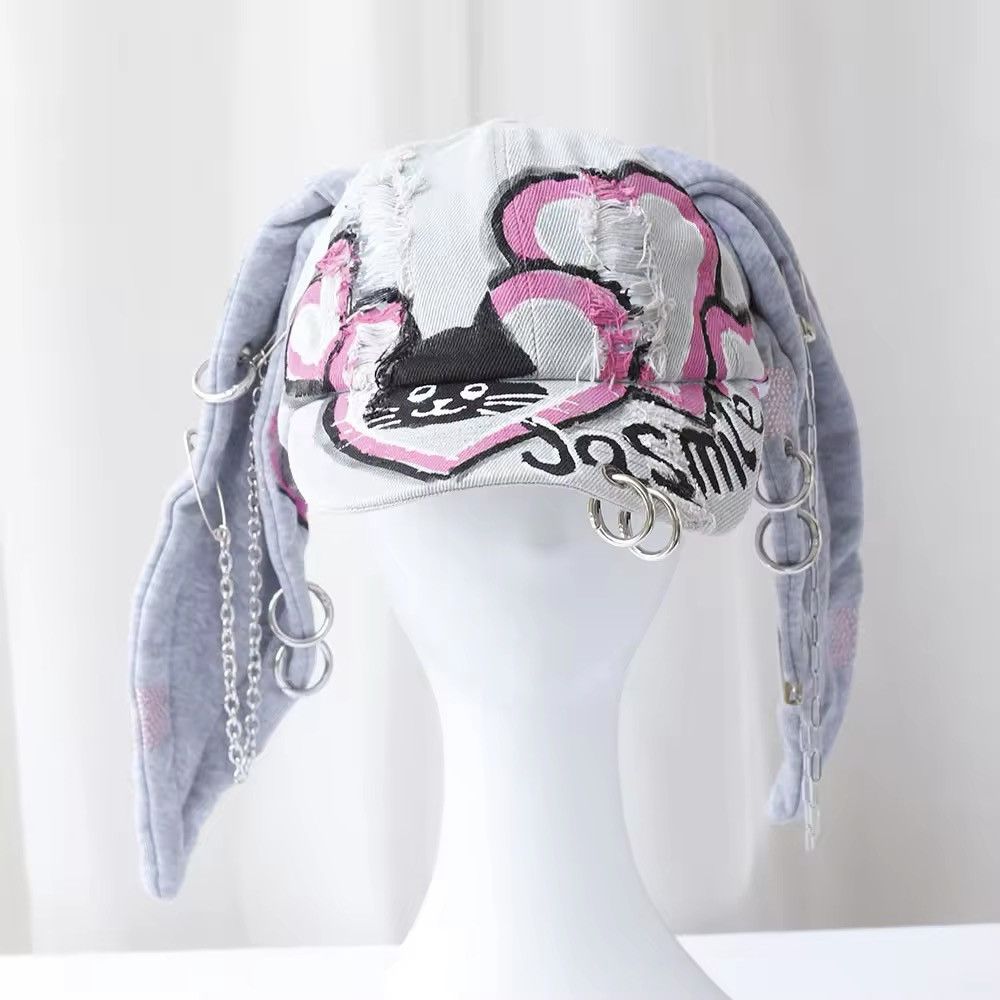 Japanese Brand Graffiti Long Rabbit Ears Ripped Metal Ring Cap Size ONE SIZE - 2 Thumbnail