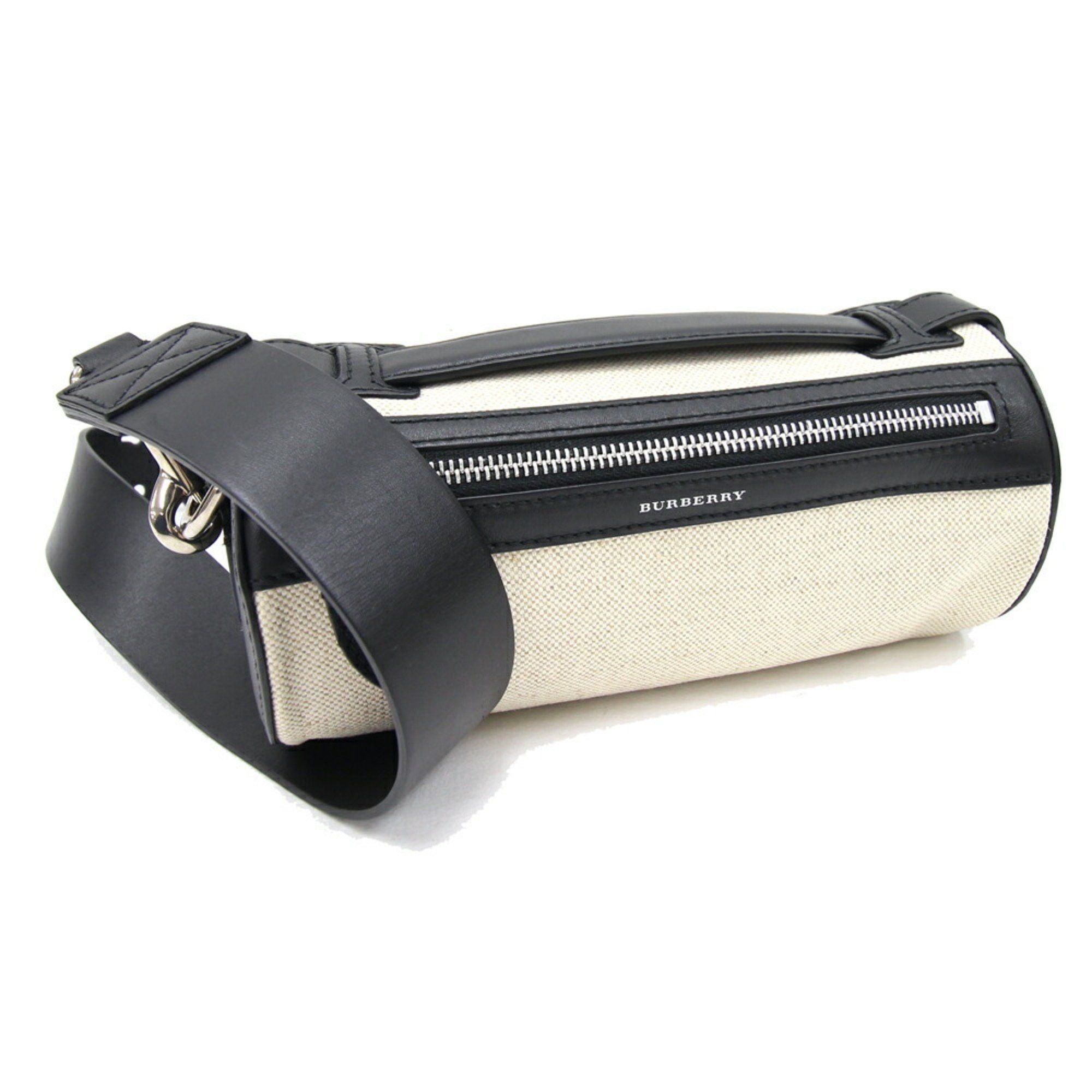 image of Burberry Handbag Natural Black Canvas Leather Shoulder Bag Ladies Cylinder Drum Burberry, Women's