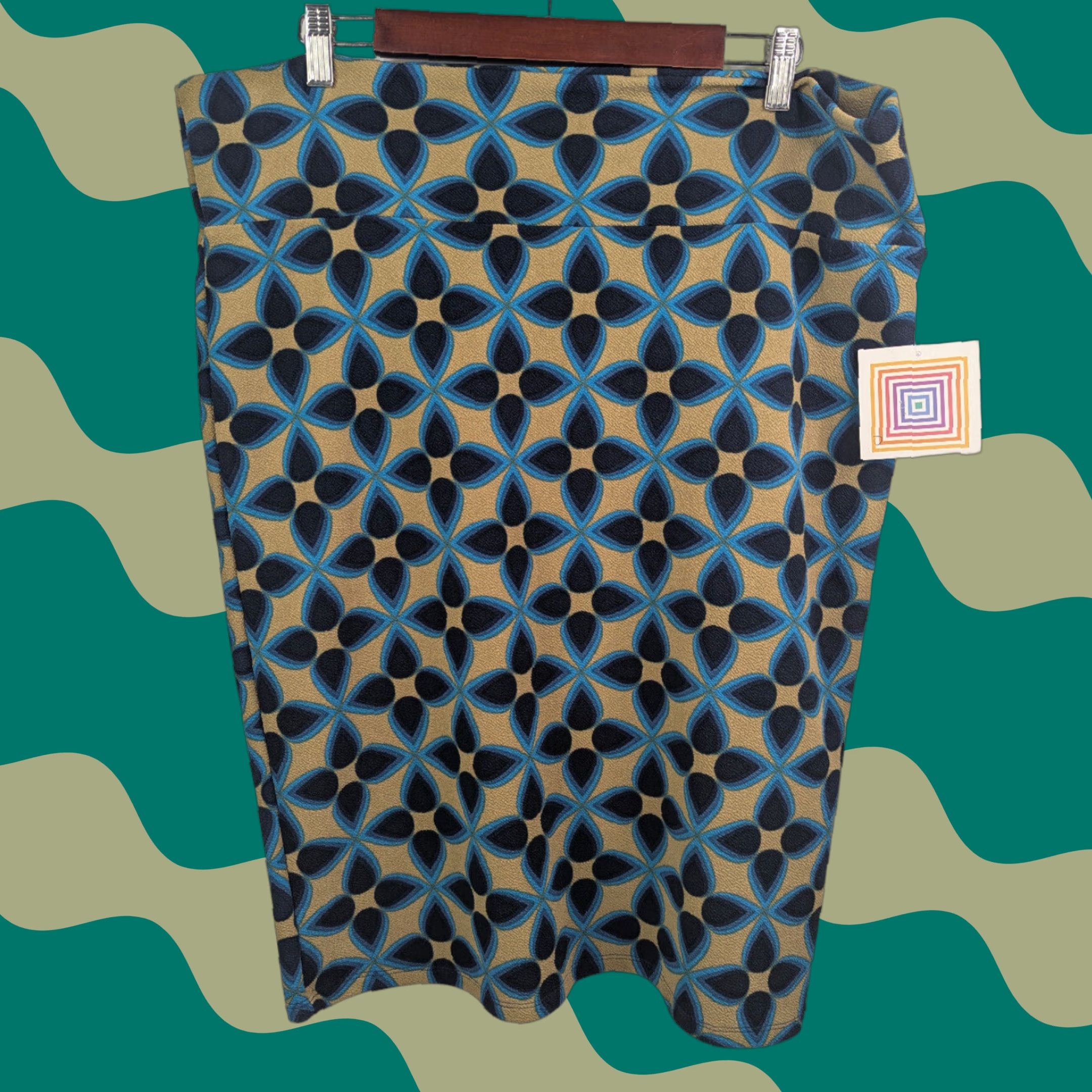 Vintage VINTAGE/NWT LuLaRoe Cassie Pull-On Midi Skirt Geometrical Print 3XL Green Knit Polyester Spandex Women Skirt Midi Plus Size Country Vietnam Size 40" / US 18 - 1 Thumbnail