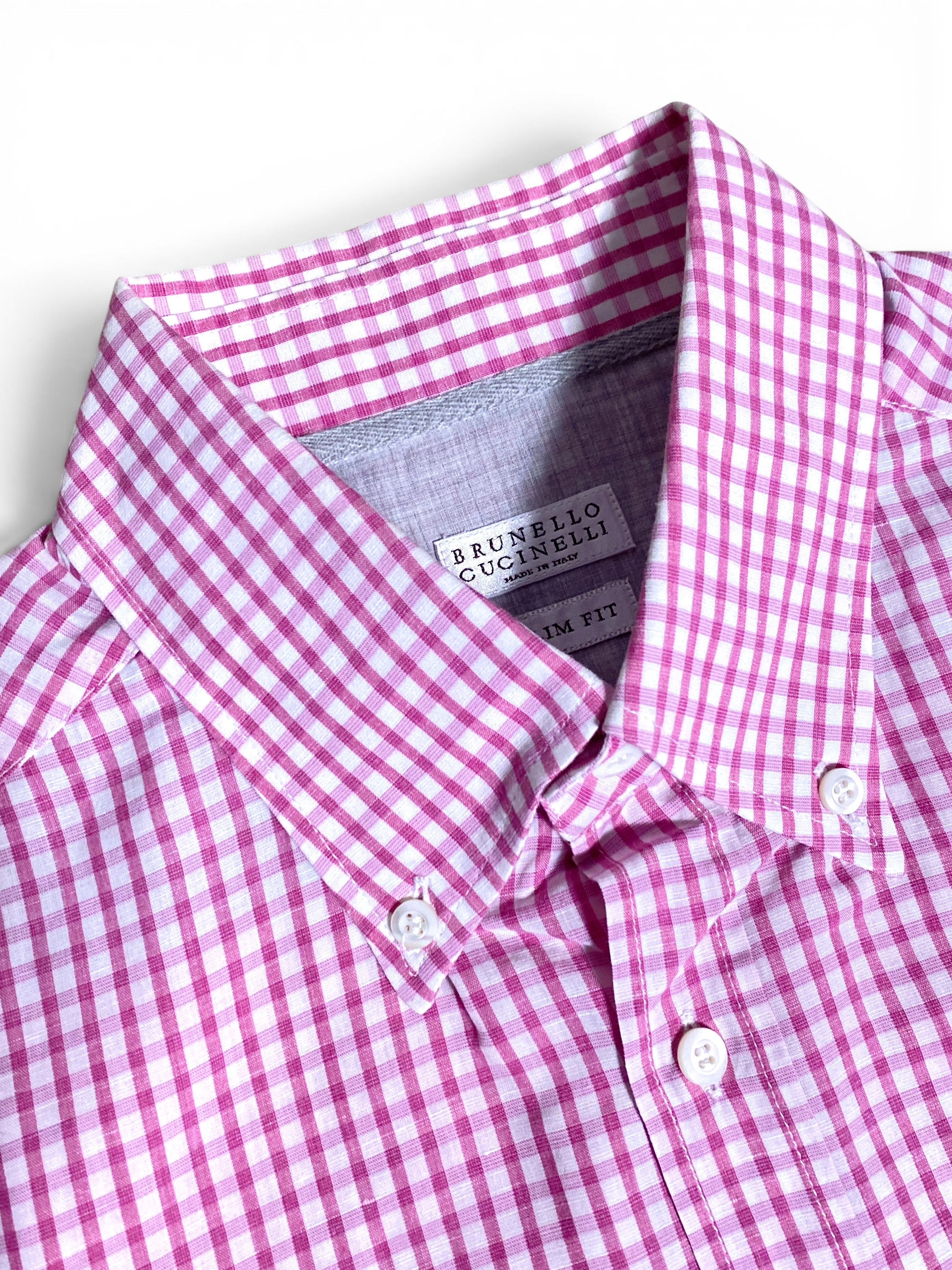 Brunello Cucinelli Brunello Cucinelli Pink White Check Cotton Linen Slim Shirt Size US M / EU 48-50 / 2 - 8 Thumbnail
