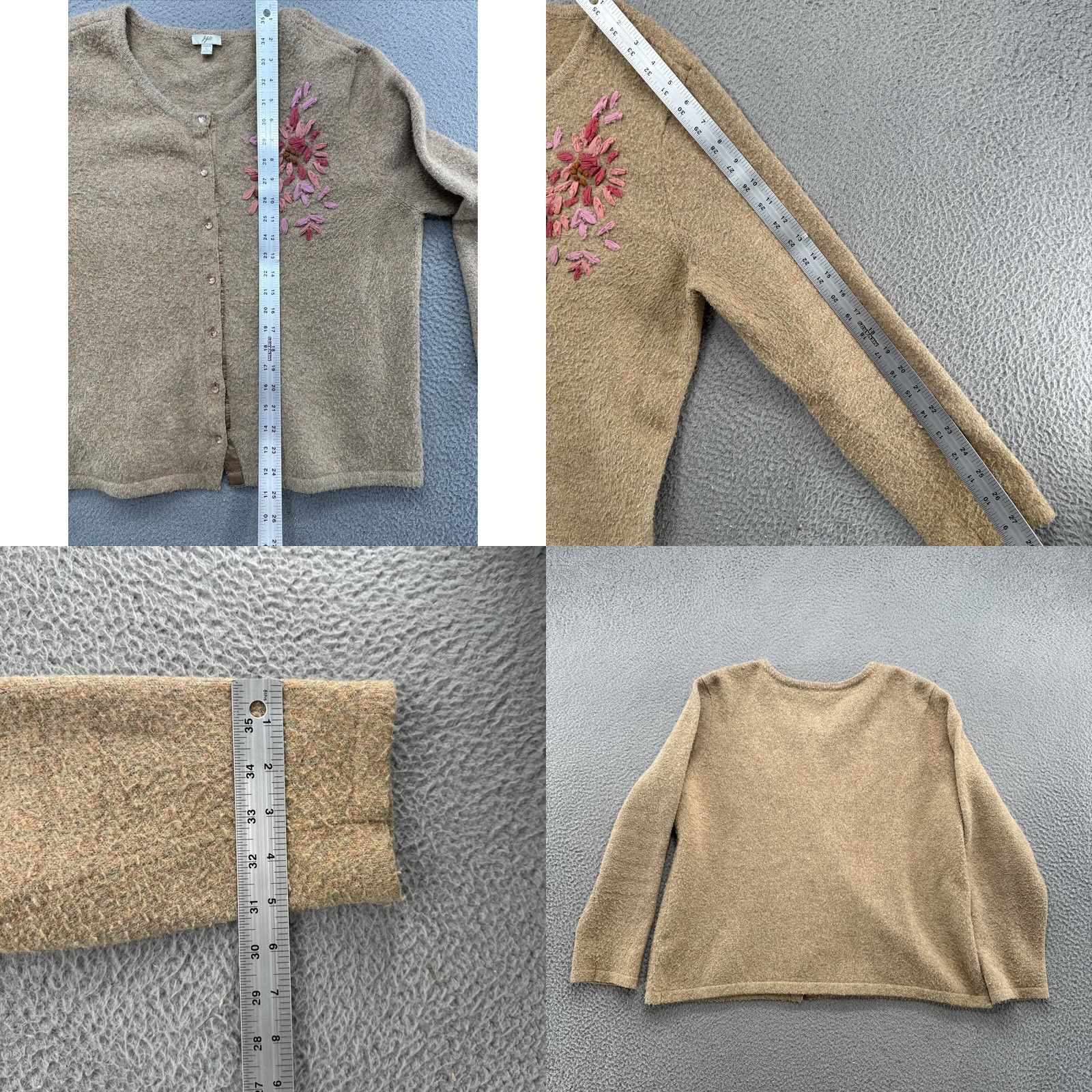 J. Jill J Jill Floral Cardigan Sweater Wool Blend Size L Beige Cap Sleeve Button Up Knit Womens Regular Vintage: No Size L / US 10 / IT 46 - 8 Thumbnail