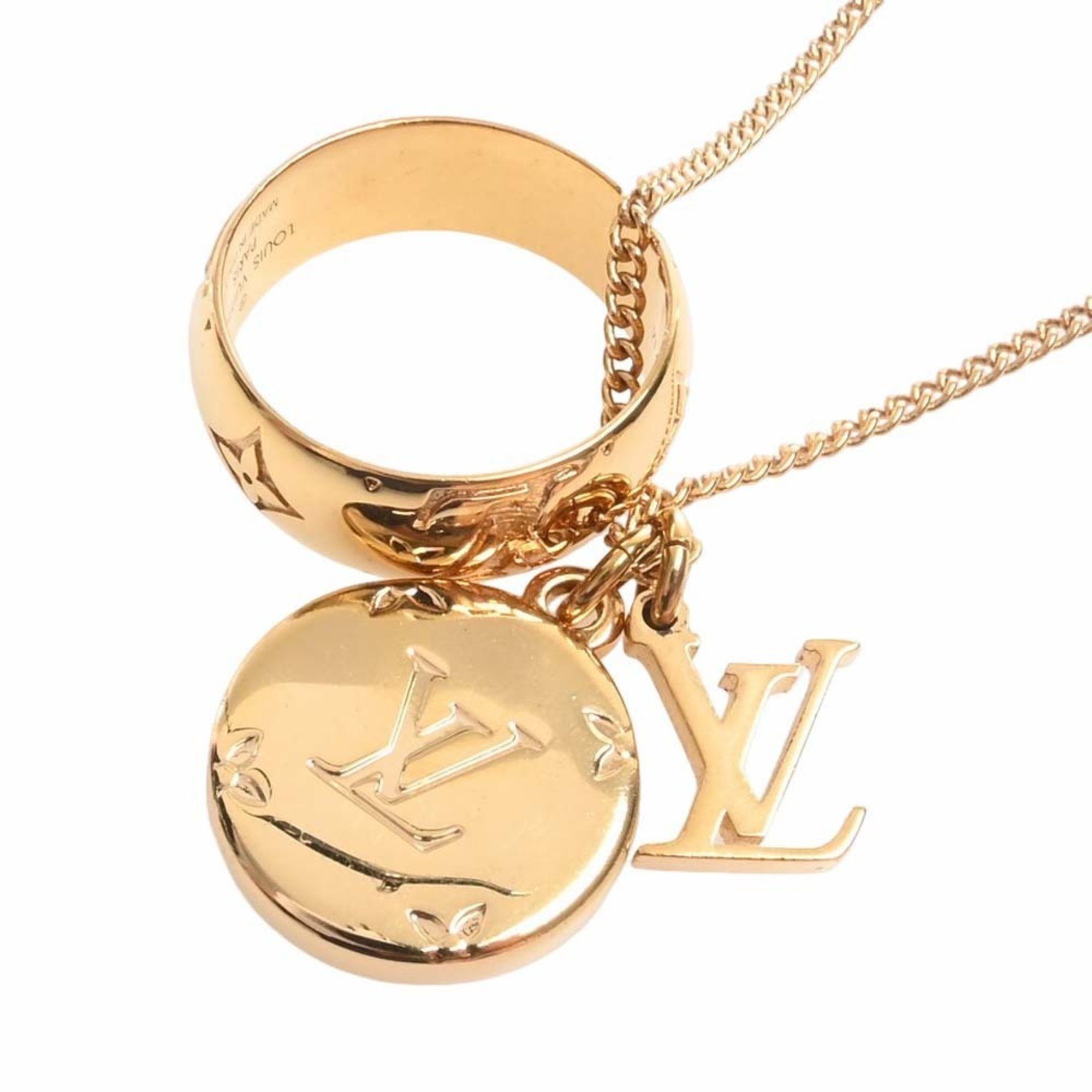 LOUIS VUITTON Necklace Pendant LV Monogram Ring M80189 Gold GP authentic