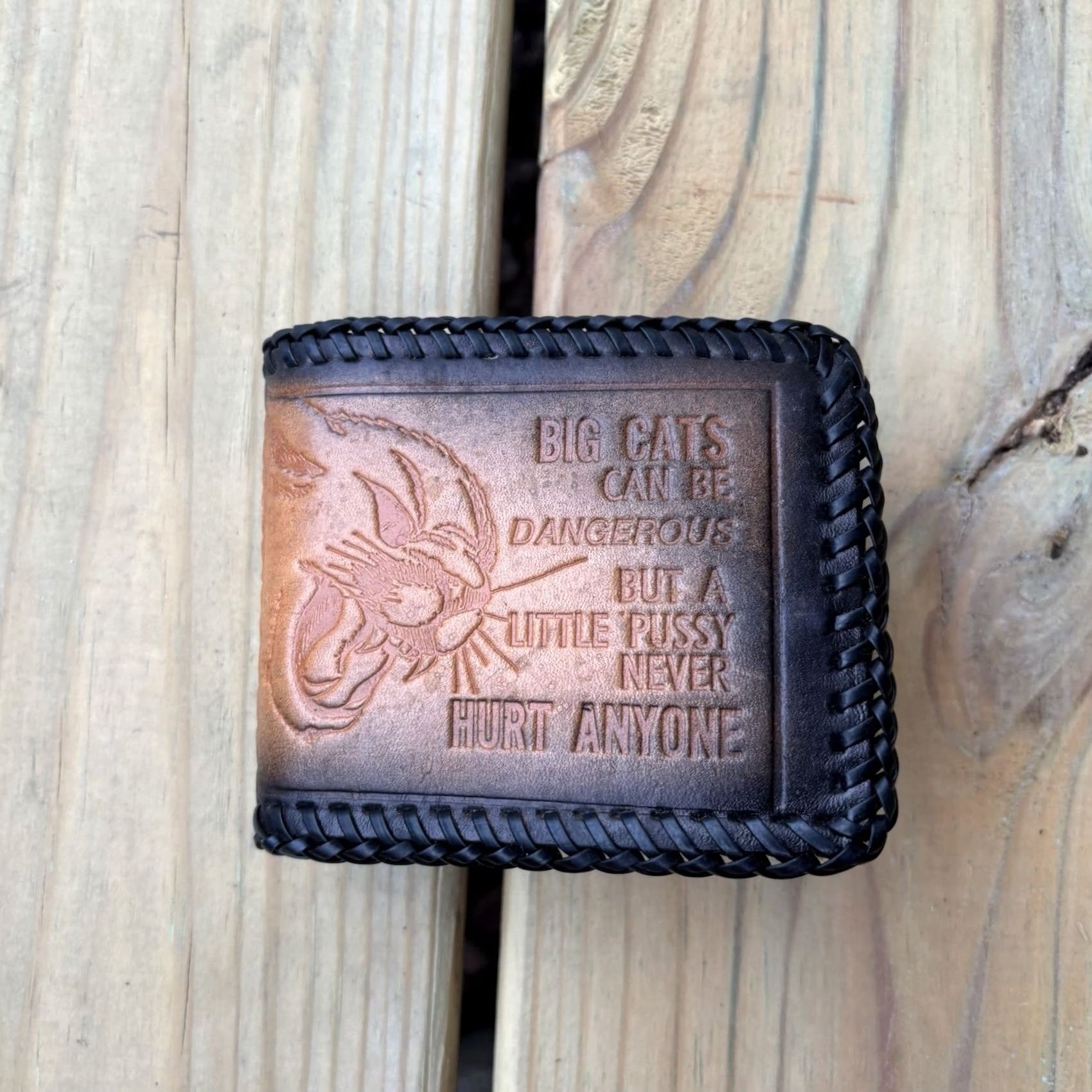 Vintage VINTAGE Handmade Leather Wallet Big Cats Can Be Dangerous Whipstitch Bi Fold USA Made Wallet Mens Brown Leather 9 in 4 in Fold Size ONE SIZE - 4 Thumbnail