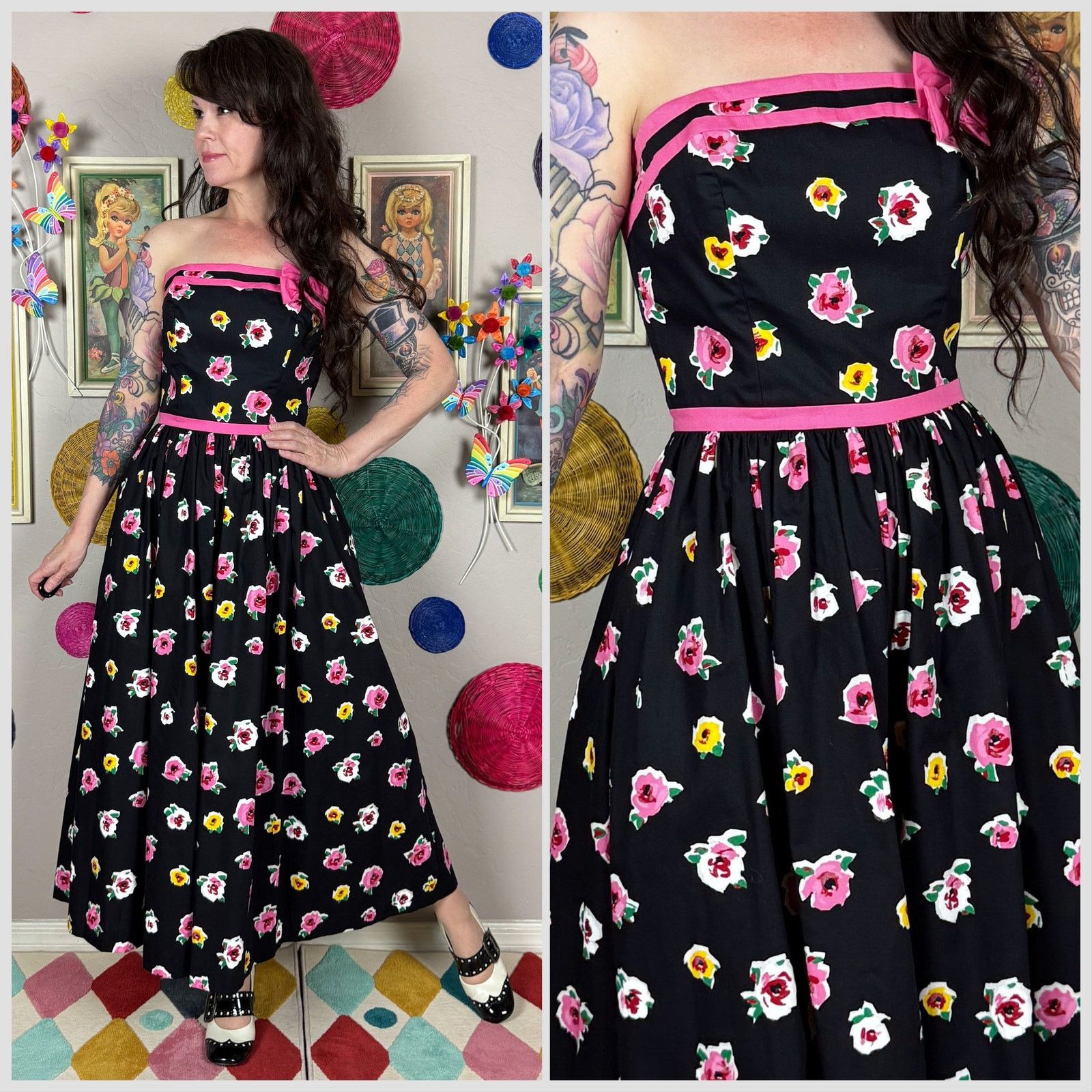 Vintage Vintage 1980s Black & Pink Floral Strapless Palazzo Jumpsuit Size 26" / US 2 / IT 38 - 1 Thumbnail
