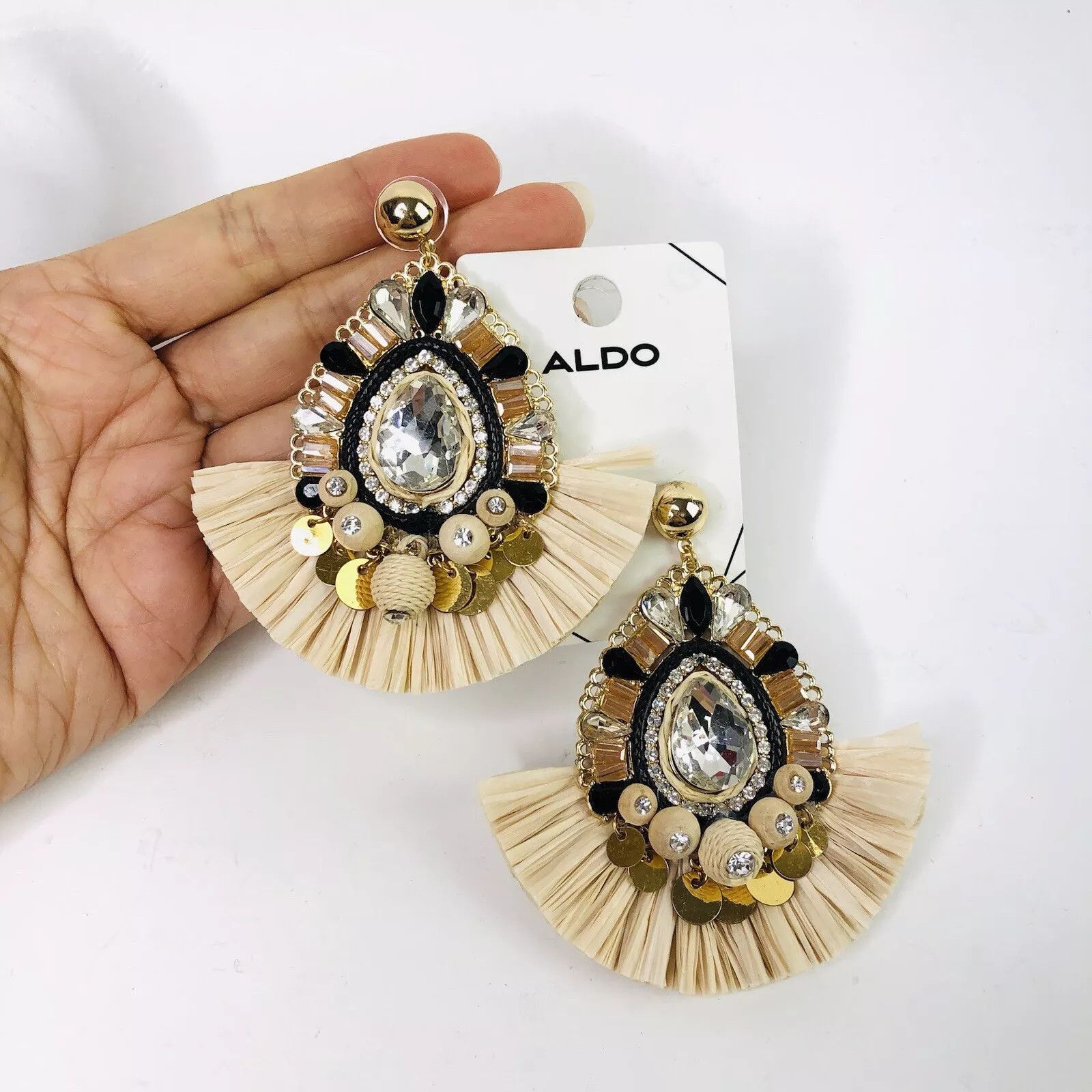 Aldo Studed Earrings Raffia Summer Rhinestone Beaded Straw Beige Size ONE SIZE - 5 Thumbnail