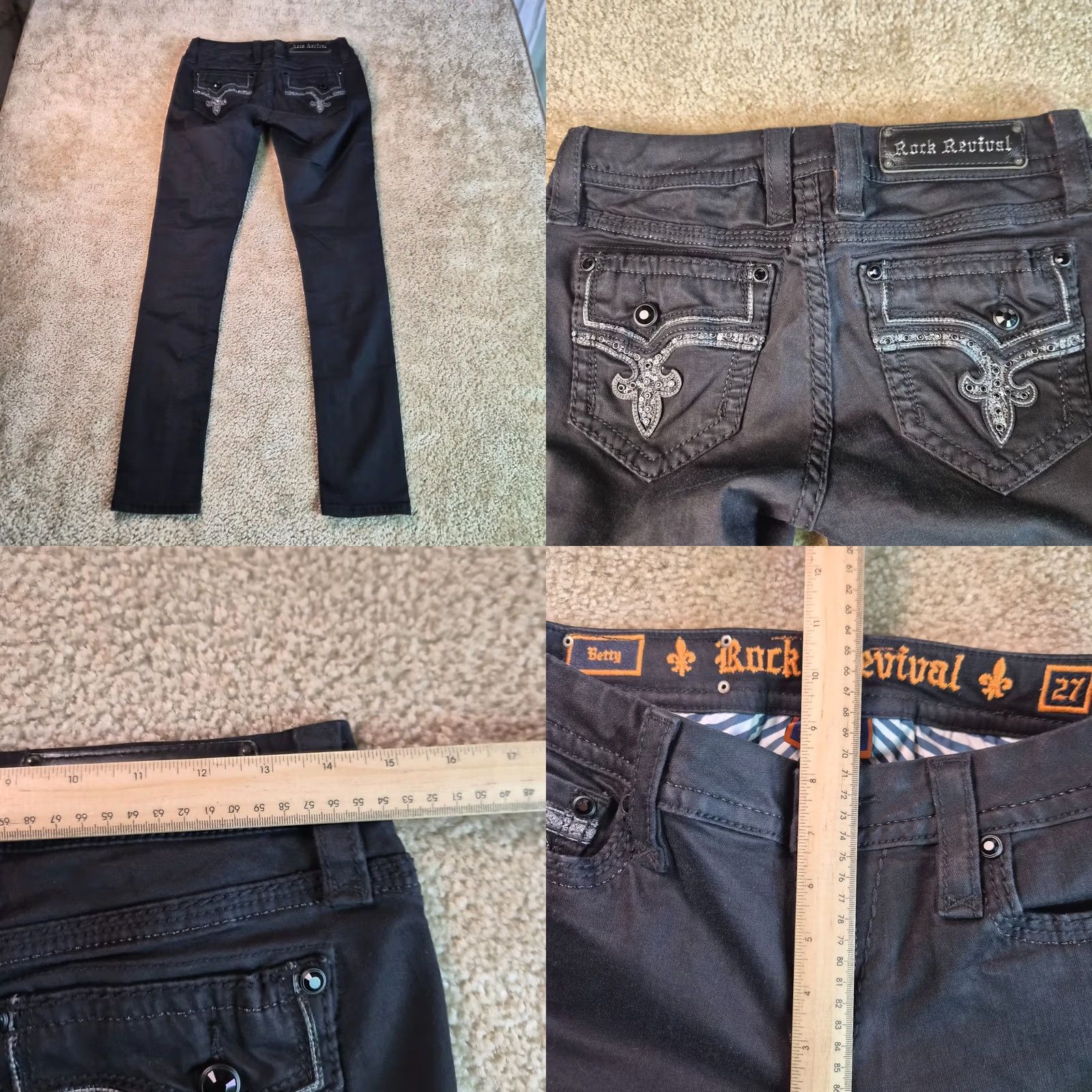 Vintage Rock Revival Betty Jeans Womens Sz 27 Black Easy Skinny Button Flap Pockets G014 Size 27" / US 4 / IT 40 - 8 Thumbnail