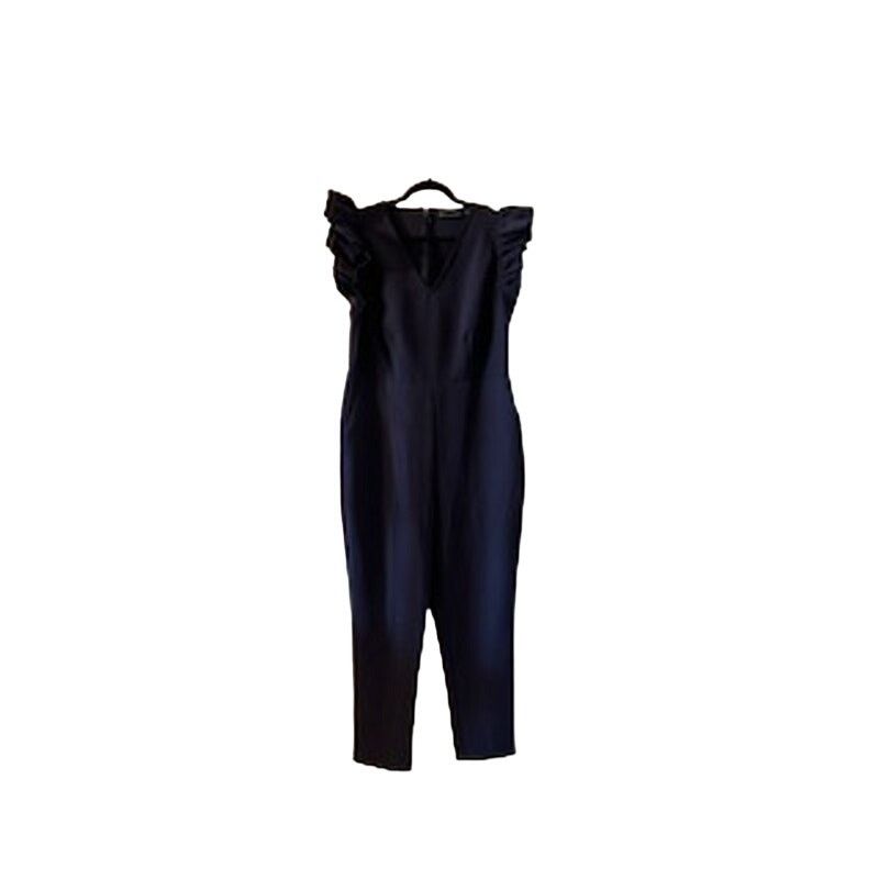 New York & Company Navy Ruffle Sleeve V-Neck Jumpsuit Size
