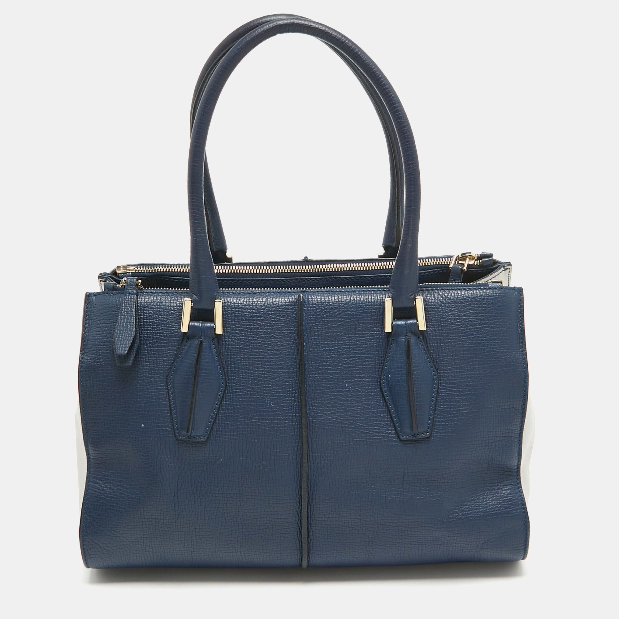 image of Tods Tod's Blue Leather D-Cube Double Zip Tote, Women's