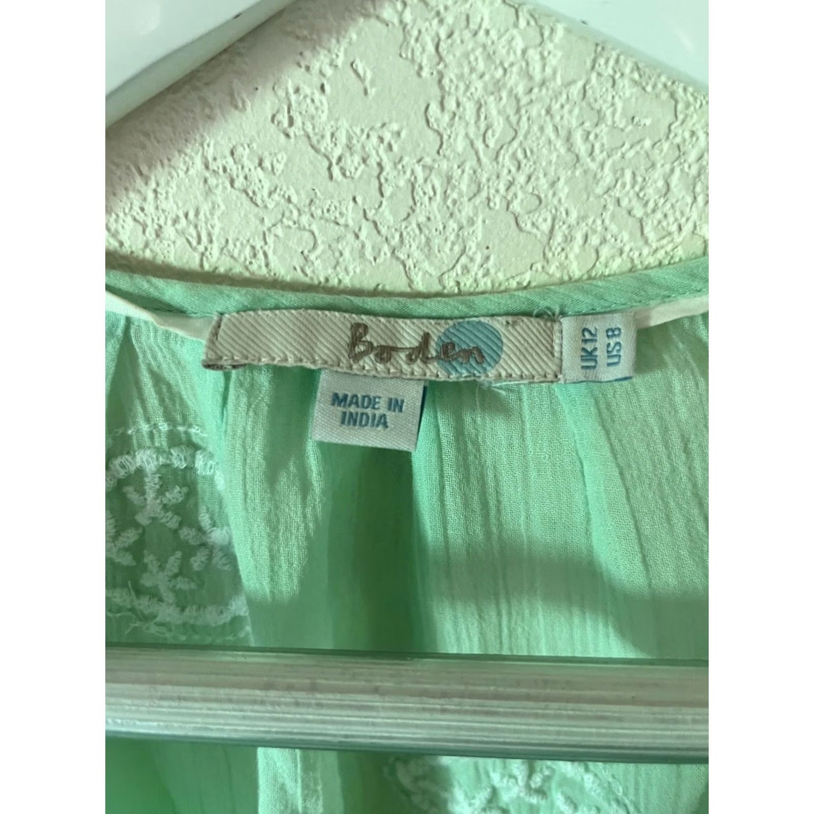 Boden Boden Mint Green Button-Up Embroidered Cotton Top Blouse Sz 8 Lightweight, 3/4 Sleeve, Round Neck, Button Front, Regular Fit, Womens, Vintage: No Size M / US 6-8 / IT 42-44 - 3 Thumbnail