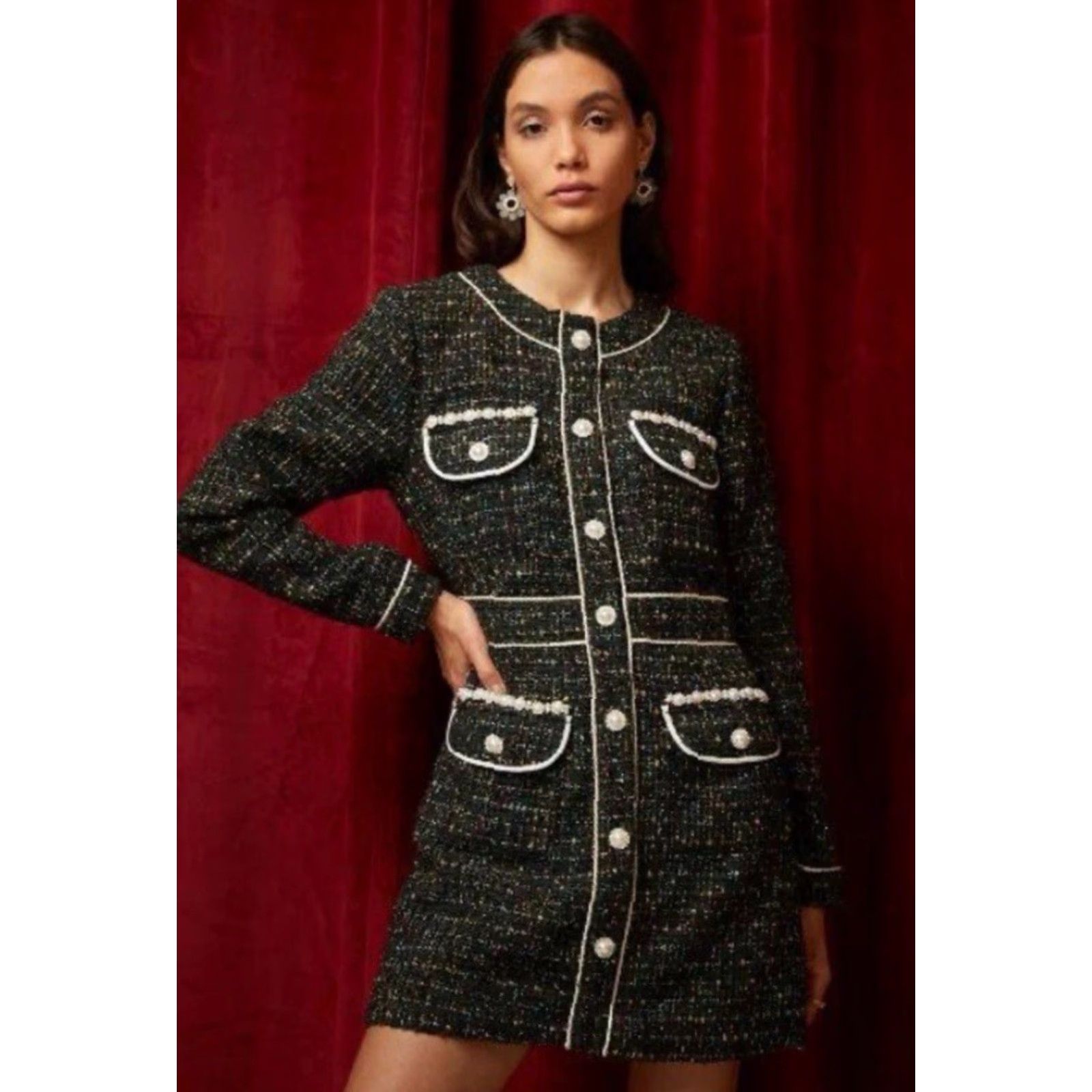 Vintage Sister Jane Dream Katarina Tweed Mini Sequin Dress Green M Womens Crew Neck Long Sleeve Party Cocktail Vintage-Inspired Old Money Size M / US 6-8 / IT 42-44 - 2 Thumbnail