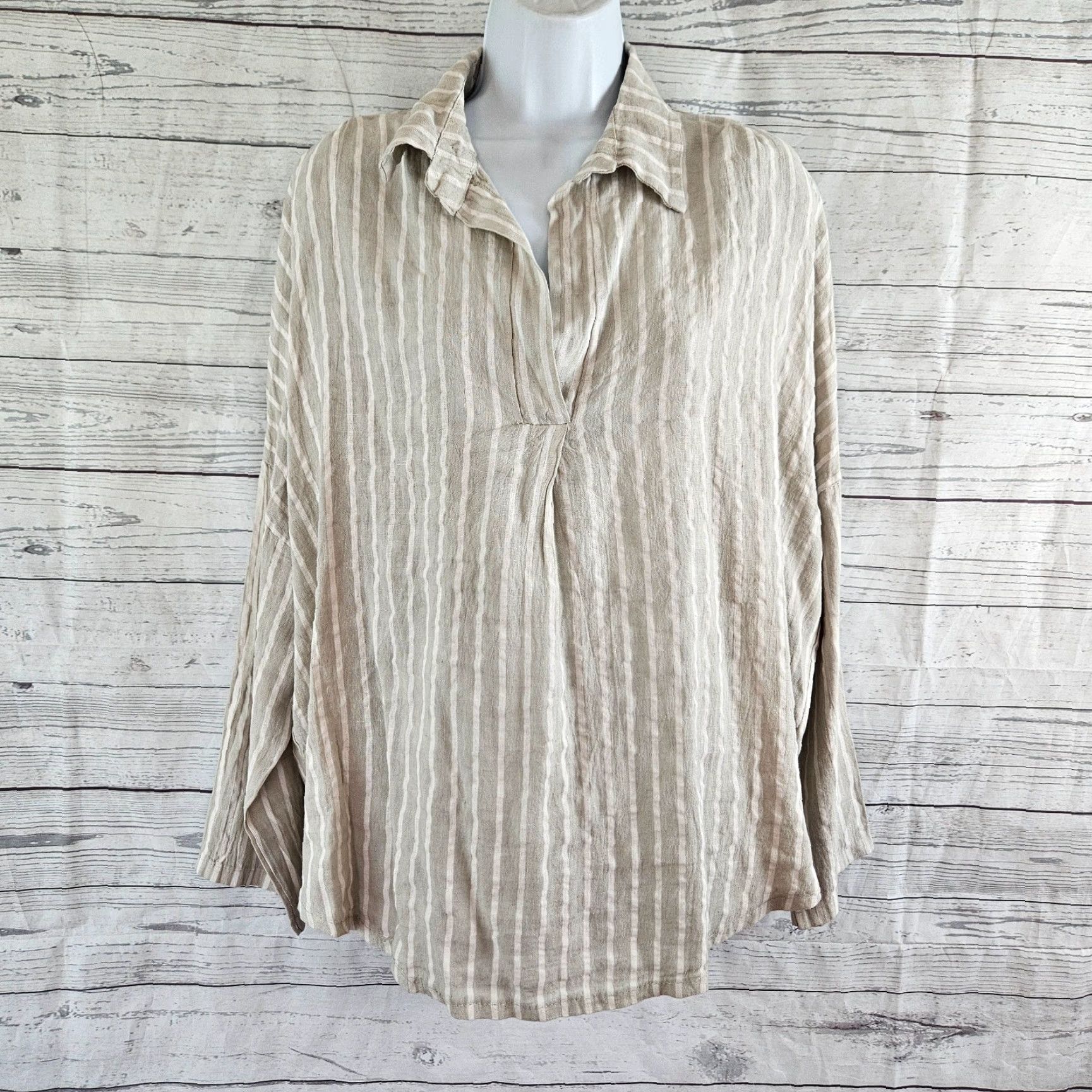 Vintage Venti6 Womens Linen Top Striped Beige White Oversized Long Sleeve Blouse S Small Collared Shirt Womens Size S / US 4 / IT 40 - 2 Thumbnail